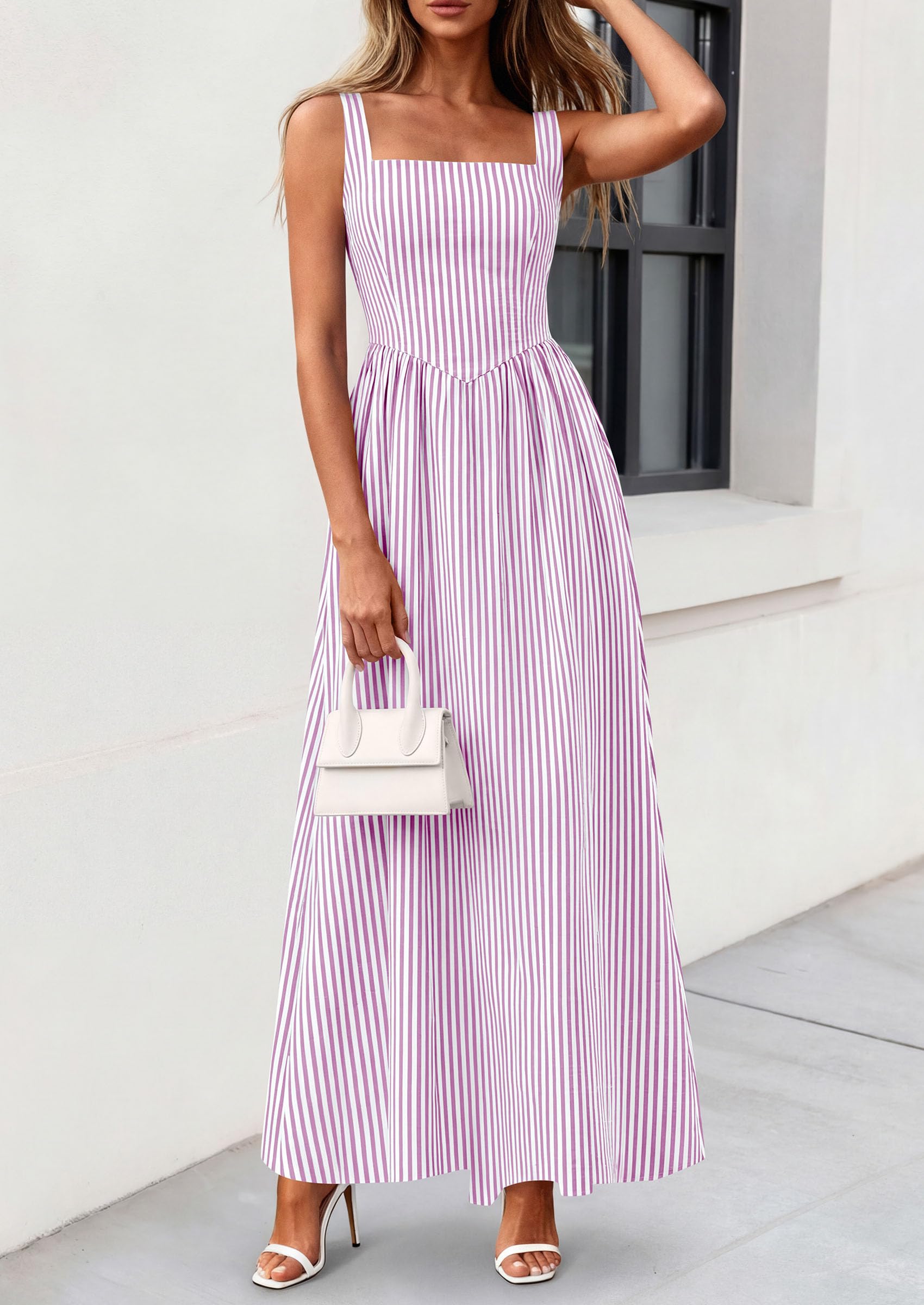 PRETTYGARDEN Women's Maxi Striped Dress Summer Sleeveless Square Neck Smocked A Line Long Flowy Spring Vacation Sundress