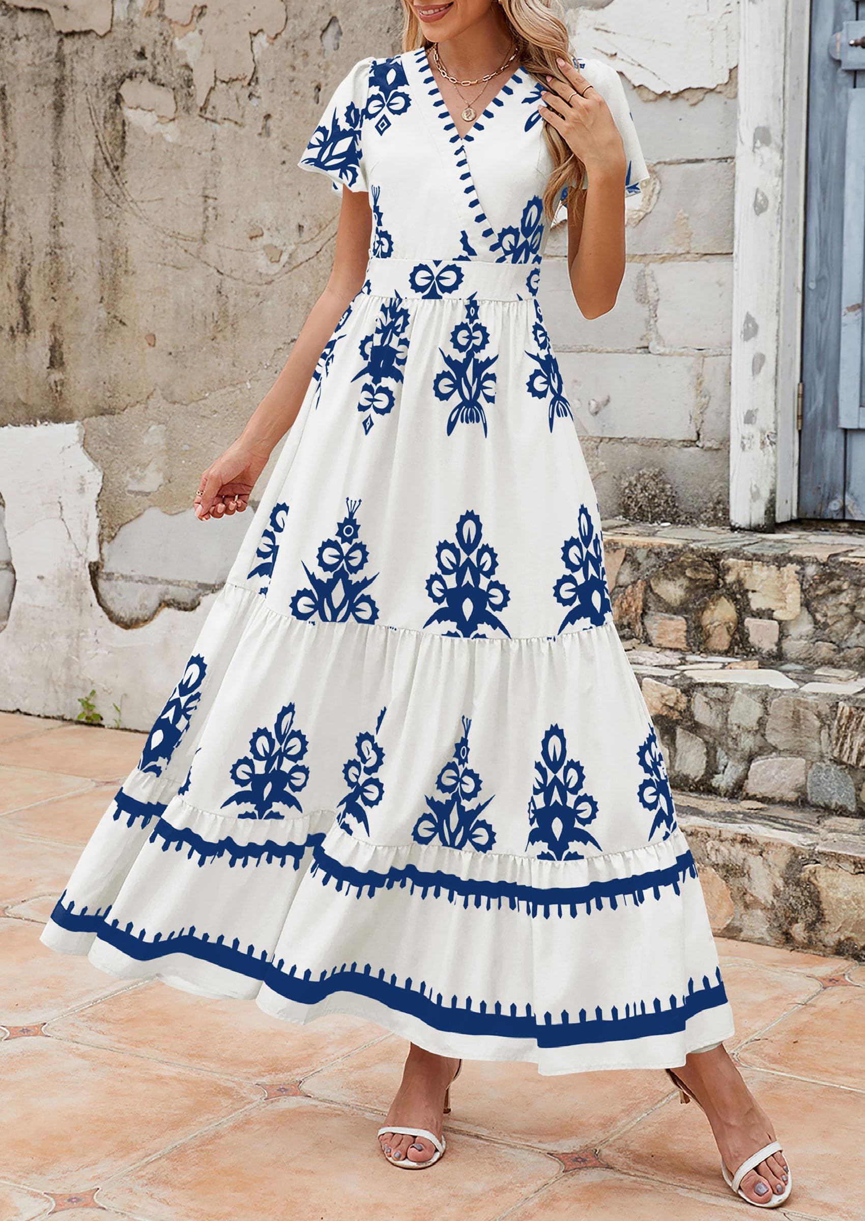 PRETTYGARDEN Womens Summer Casual V Neck Boho Maxi Dress Flowy Aline Bell Sleeve Tiered Floral Dresses with Pocket