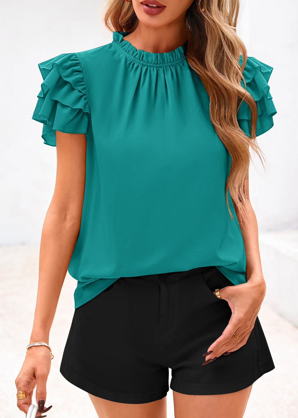 FreshPretty Blouses for Women Dressy Casual Spring Summer Ruffle Short Sleeve Mock Neck Work Shirts Tops Fashion Clothing