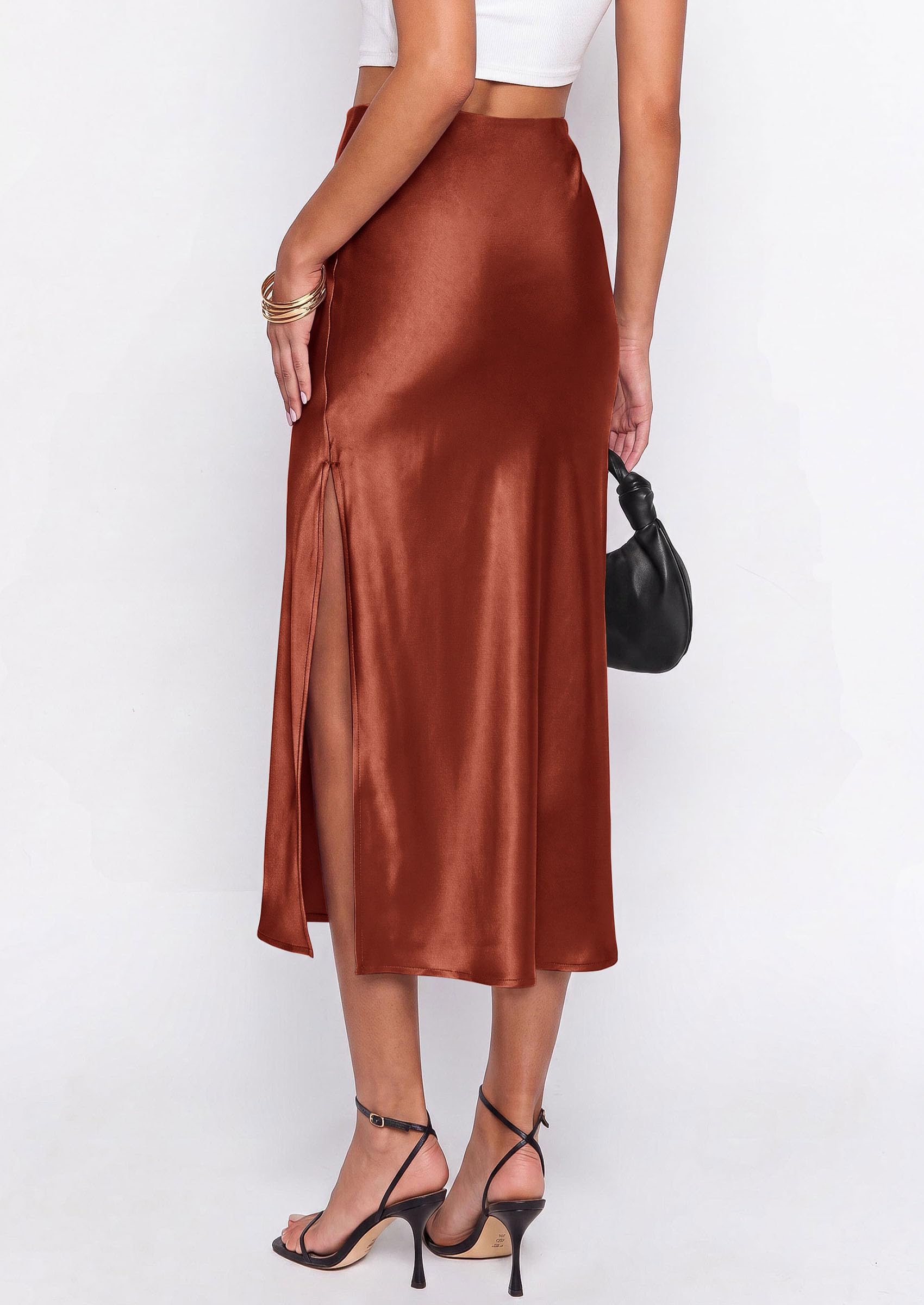 PRETTYGARDEN Womens Satin Skirt Summer Silk Business Casual High Waisted A Line Flowy Work Wedding Cocktail Midi Skirts