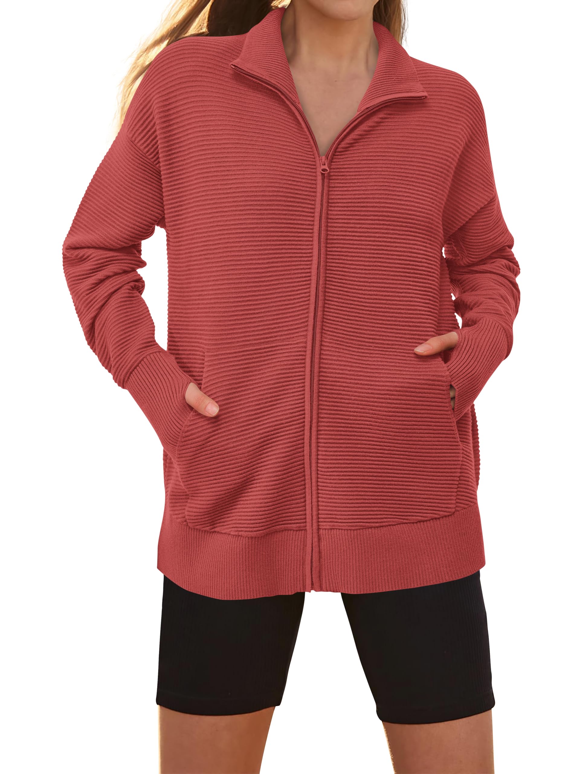 PRETTYGARDEN Womens Fall Long Sleeve Zip Up Cardigan Sweaters Casual Loose Collared Ribbed Knit Tops Jackets Thumb Hole