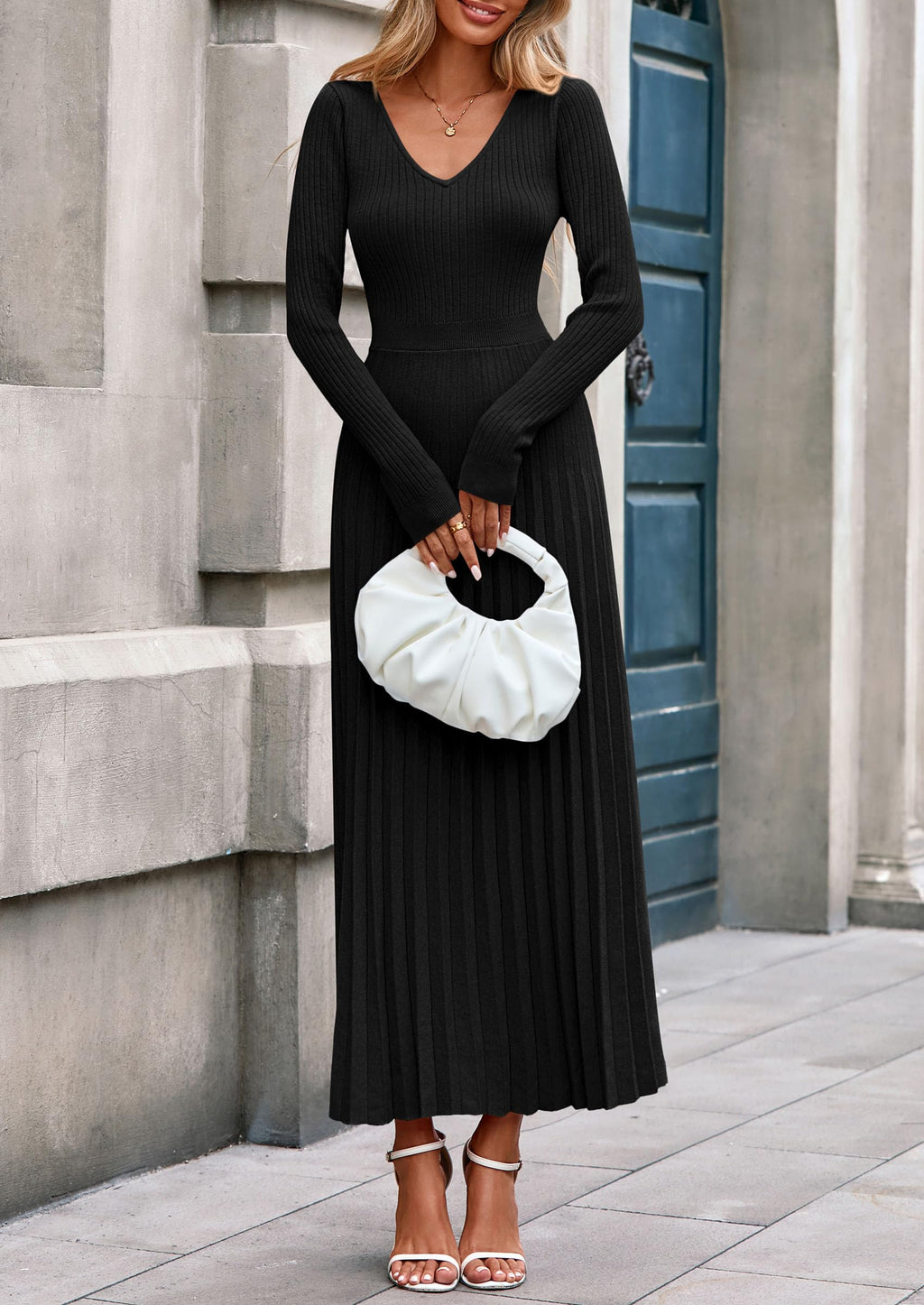 PRETTYGARDEN Women Sweater Dress Fall Fashion Long Sleeve V Neck Ribbed Knit Pleated A Line Elegant Maxi Winter Dresses