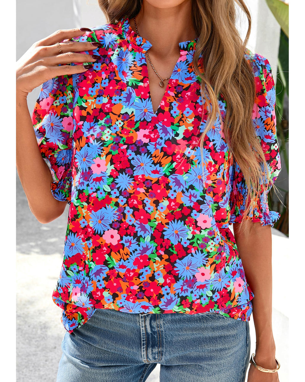 FreshPretty Summer Blouses for Women Dressy Casual  Fashion Spring Tops Floral Boho V Neck Puff Short Sleeve Top Shirts