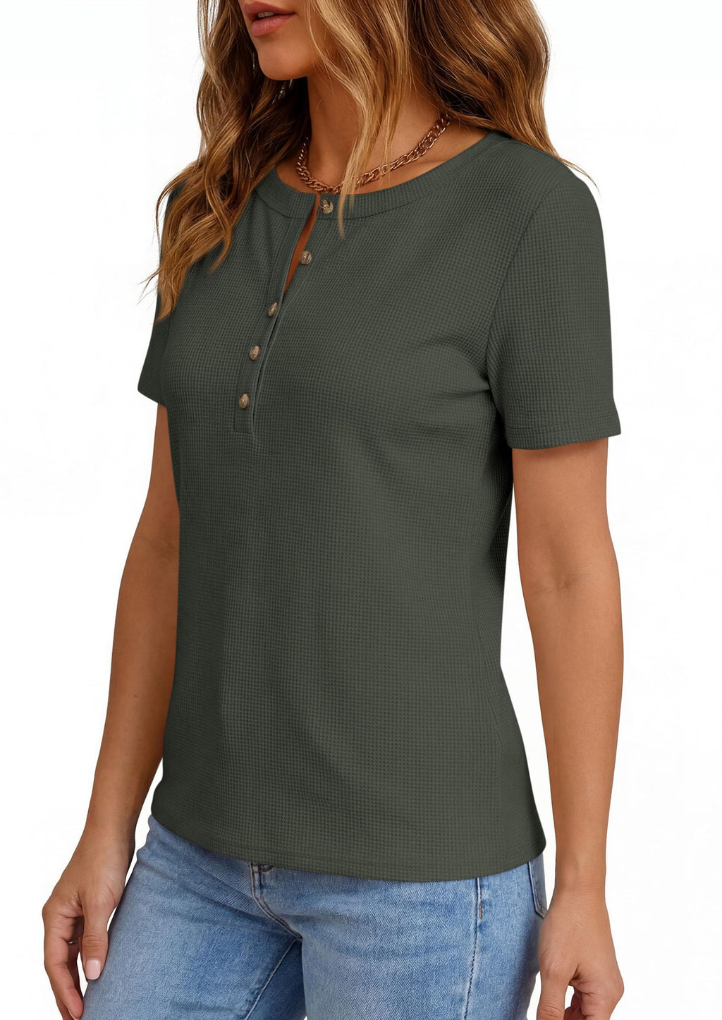 PRETTYGARDEN Waffle Knit Tops for Women Short Sleeve Henley Shirts  Summer Blouses Dressy Casual Spring Fashion Clothes