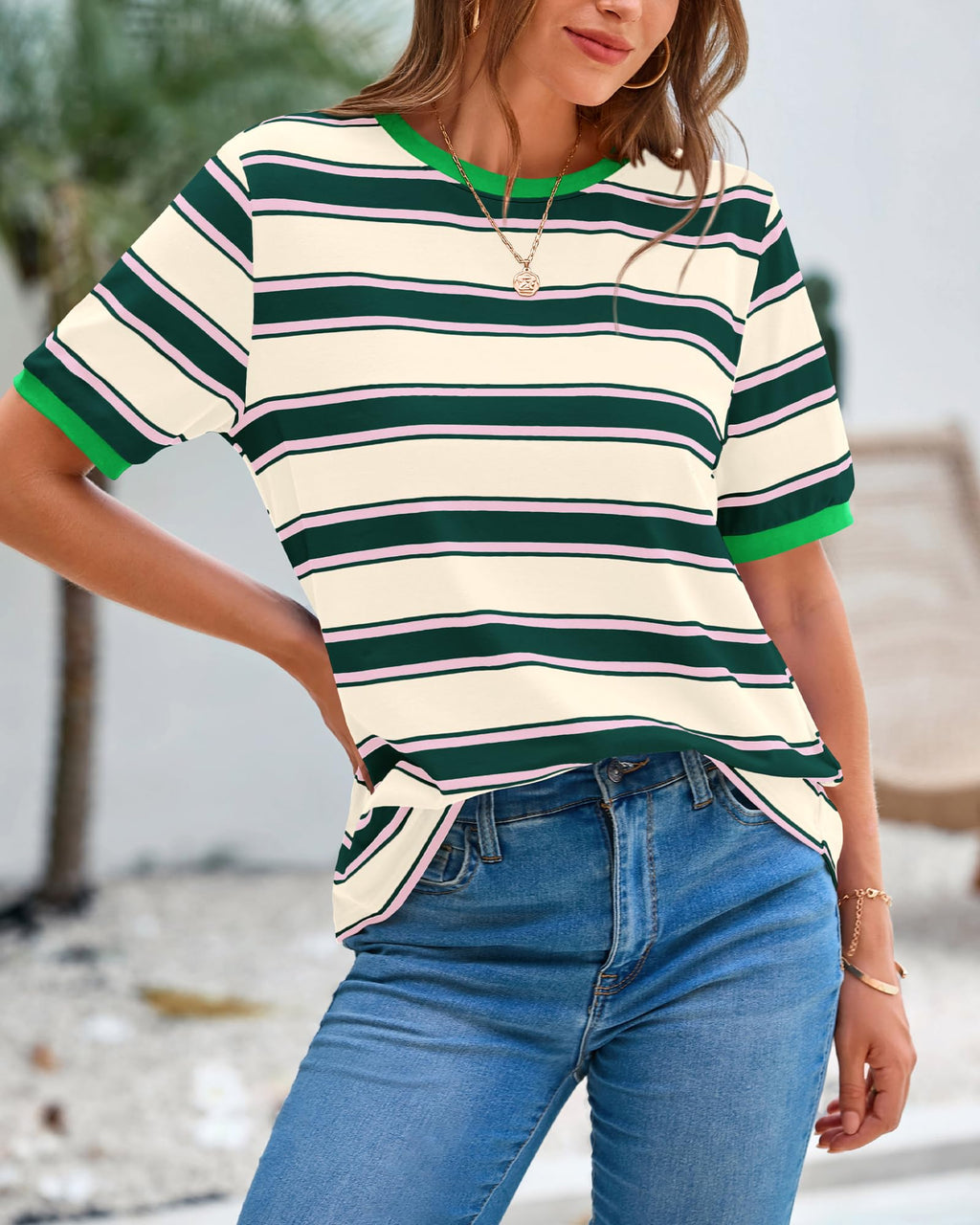 BTFBM Summer Tops for Women Crewneck Short Sleeve Striped T Shirts Casual Spring Clothes Color Block Basic Tee Blouses