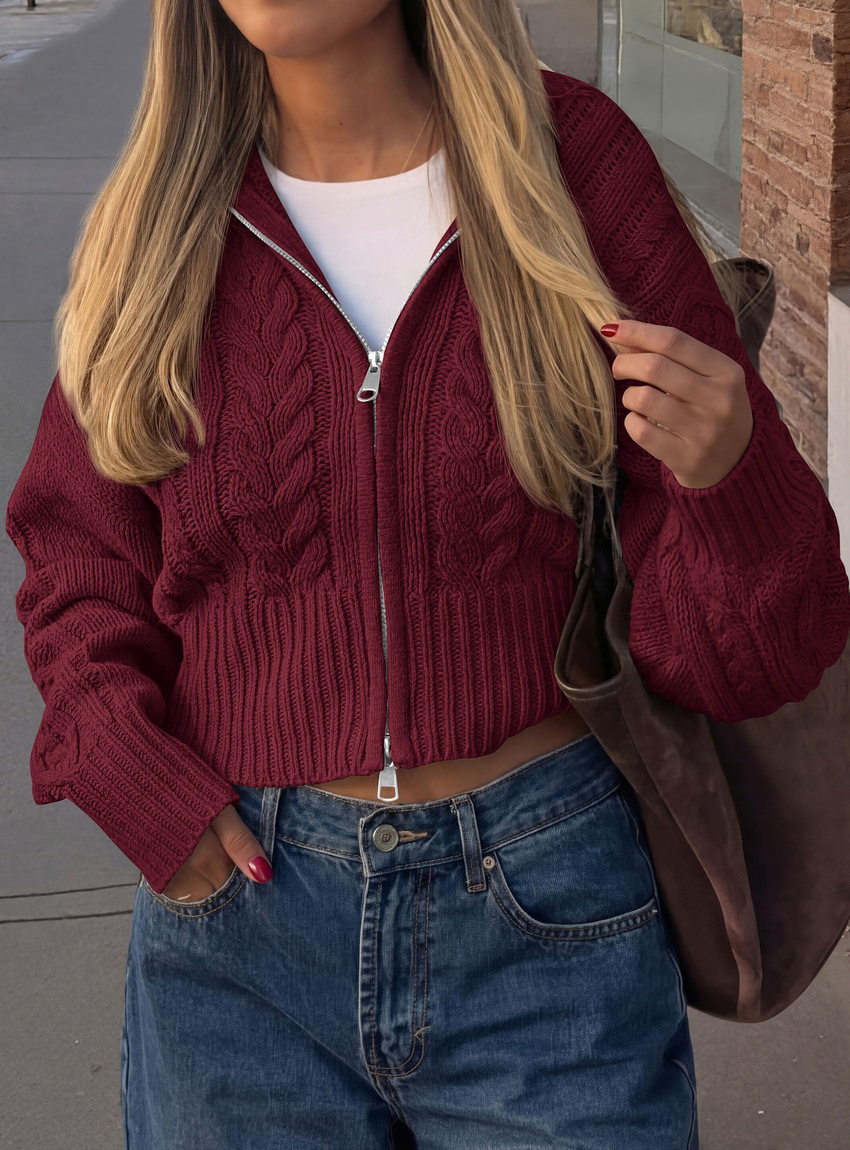 PRETTYGARDEN Women's Cable Knit Cropped Cardigan Sweaters Oversized Sweater, Long Sleeve Zip Up Jacket, Collared Neck, Ribbed Hem, Cozy Soft Casual Wear, Fall Clothes Winter Outerwear