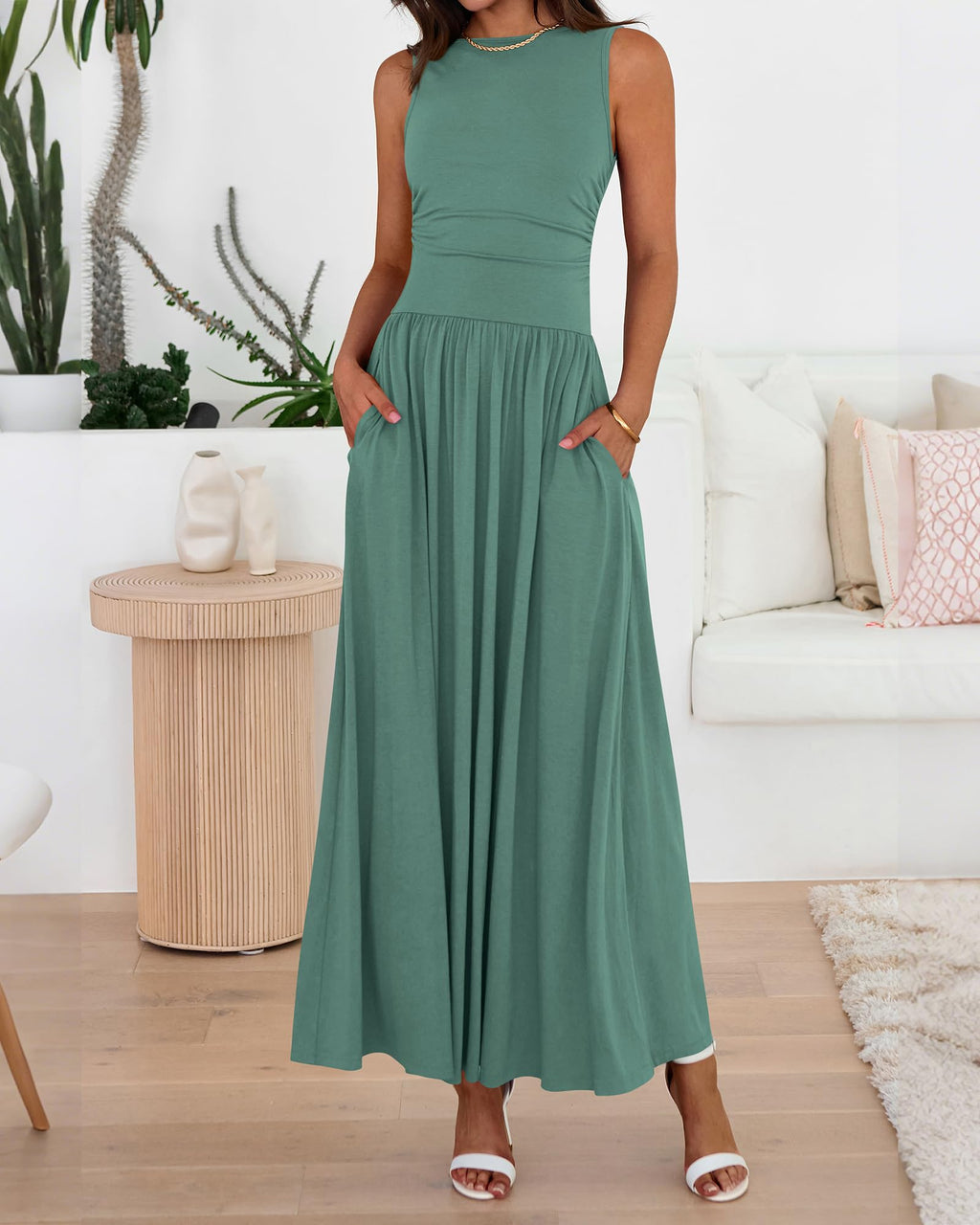 BTFBM Summer Maxi Dresses for Women Spring Sleeveless Casual Ruched High Waisted Long Sundress Flowy Beach Dress