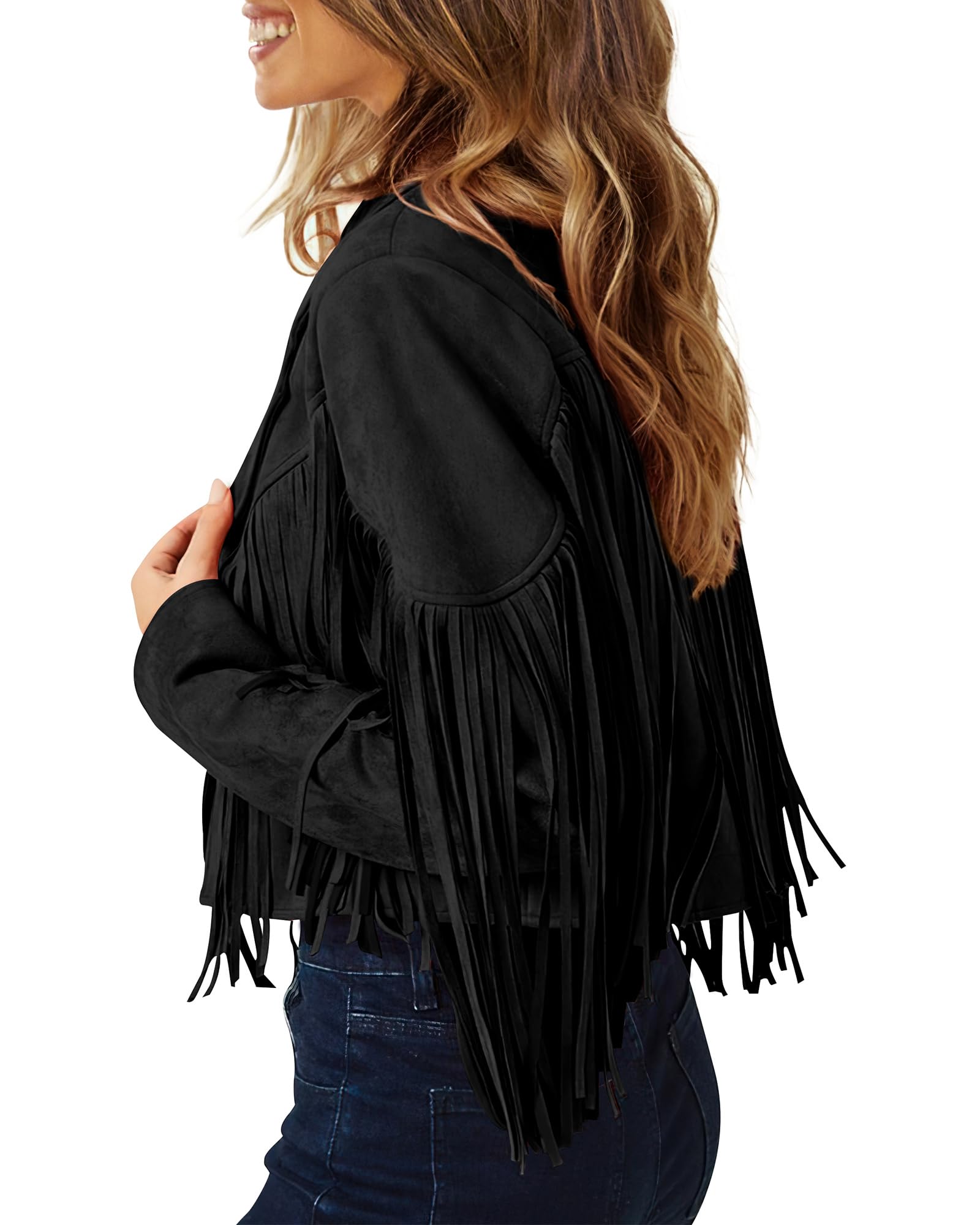 PRETTYGARDEN Women's Fringe Faux Suede Leather Jackets Fall Fashion Tassel Motorcycle Cropped Coats