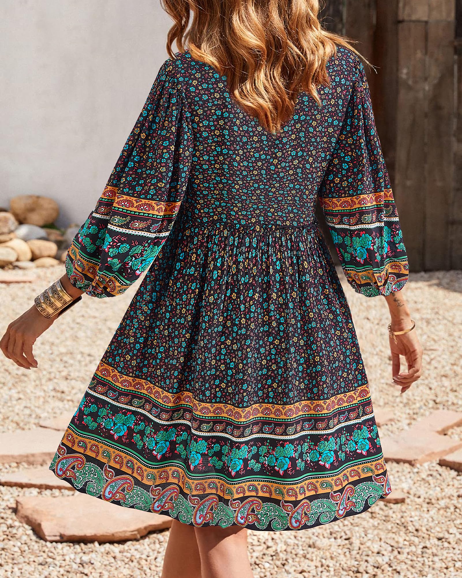 BTFBM Women Casual Spring Summer Dresses V Neck 3/4 Long Sleeve Ruffle Floral Flowy Boho Babydoll Mini Short Beach Dress