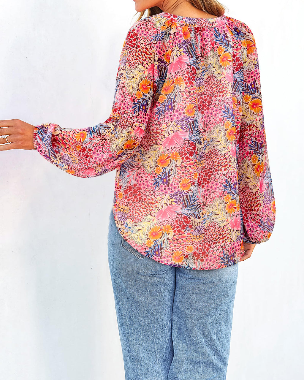 BTFBM Blouses for Women Dressy Casual Floral Summer Boho Tops V Neck Lightweight Long Sleeve Shirts Spring Clothes