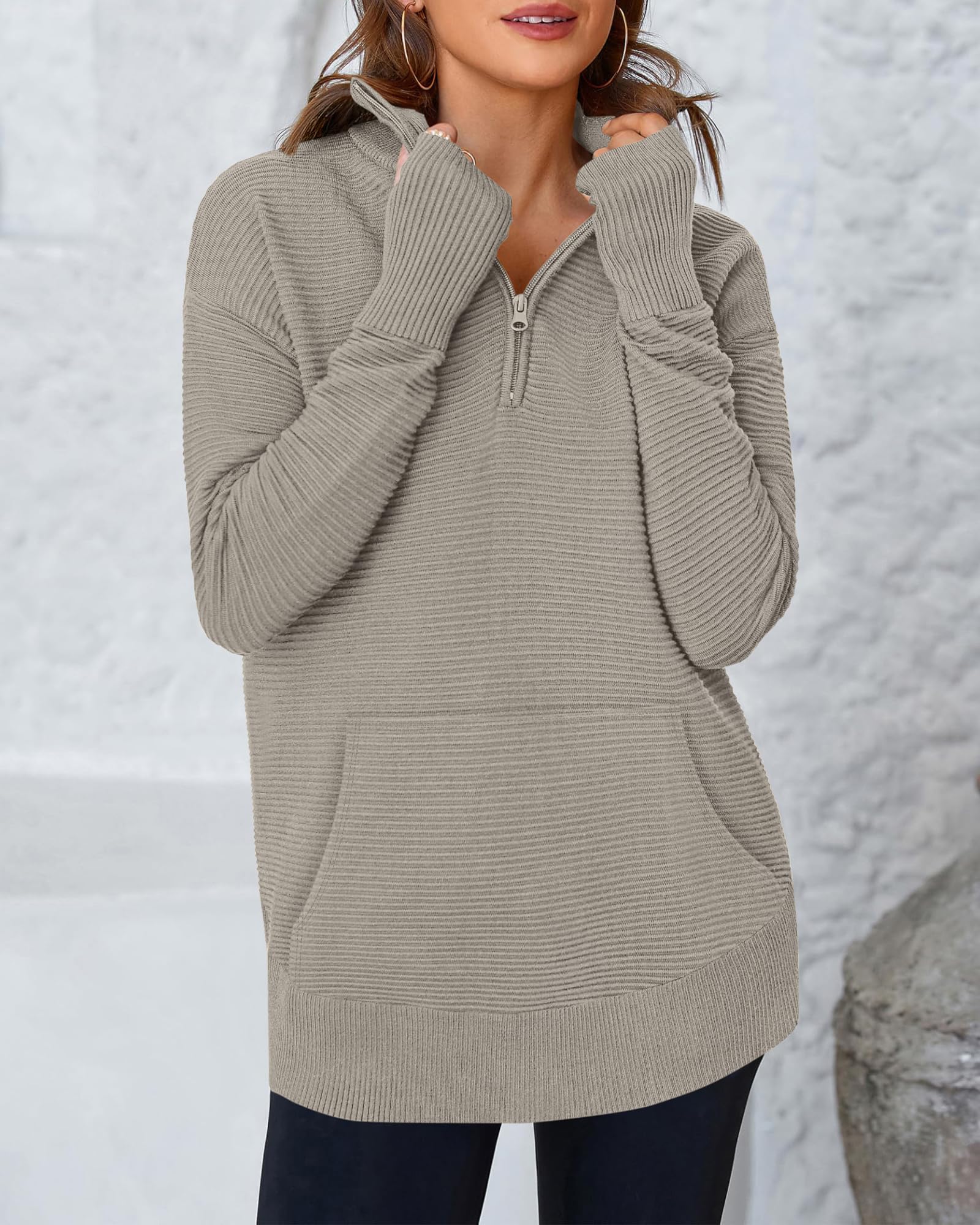 BTFBM Sweaters for Women Fall Clothes Pocket Quarter Zip Pullover V Neck Long Sleeve Knit Trendy Winter Sweater