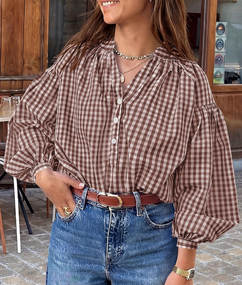 PRETTYGARDEN Women Fall Plaid Long Puff Sleeve Shirts V Neck Casual Blouses Gingham Button Down Oversized, Pleated Drop Shoulder Cotton Tops, Dressy Casual, Work Vacation Travel, Fall Outfits Trendy