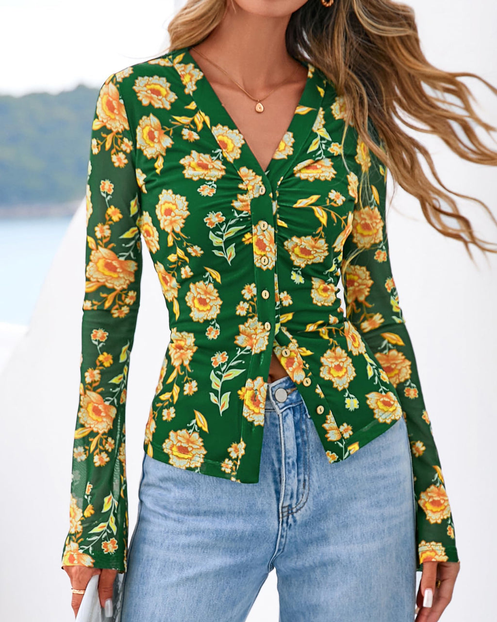 BTFBM Button Down Shirts for Women Spring Boho Tops V Neck Long Sleeve Blouses Ruched Mesh Fitted Fall Fashion