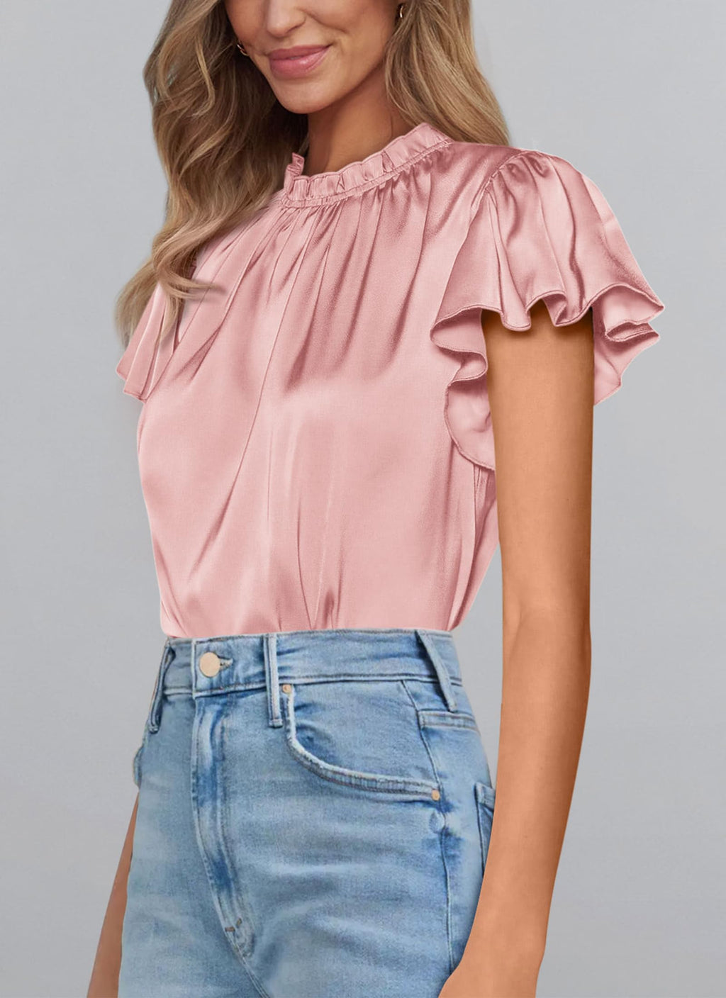 PRETTYGARDEN Business Casual Tops for Women Blouses Dressy  Summer Short Sleeve Ruffle Satin Work Office Attire