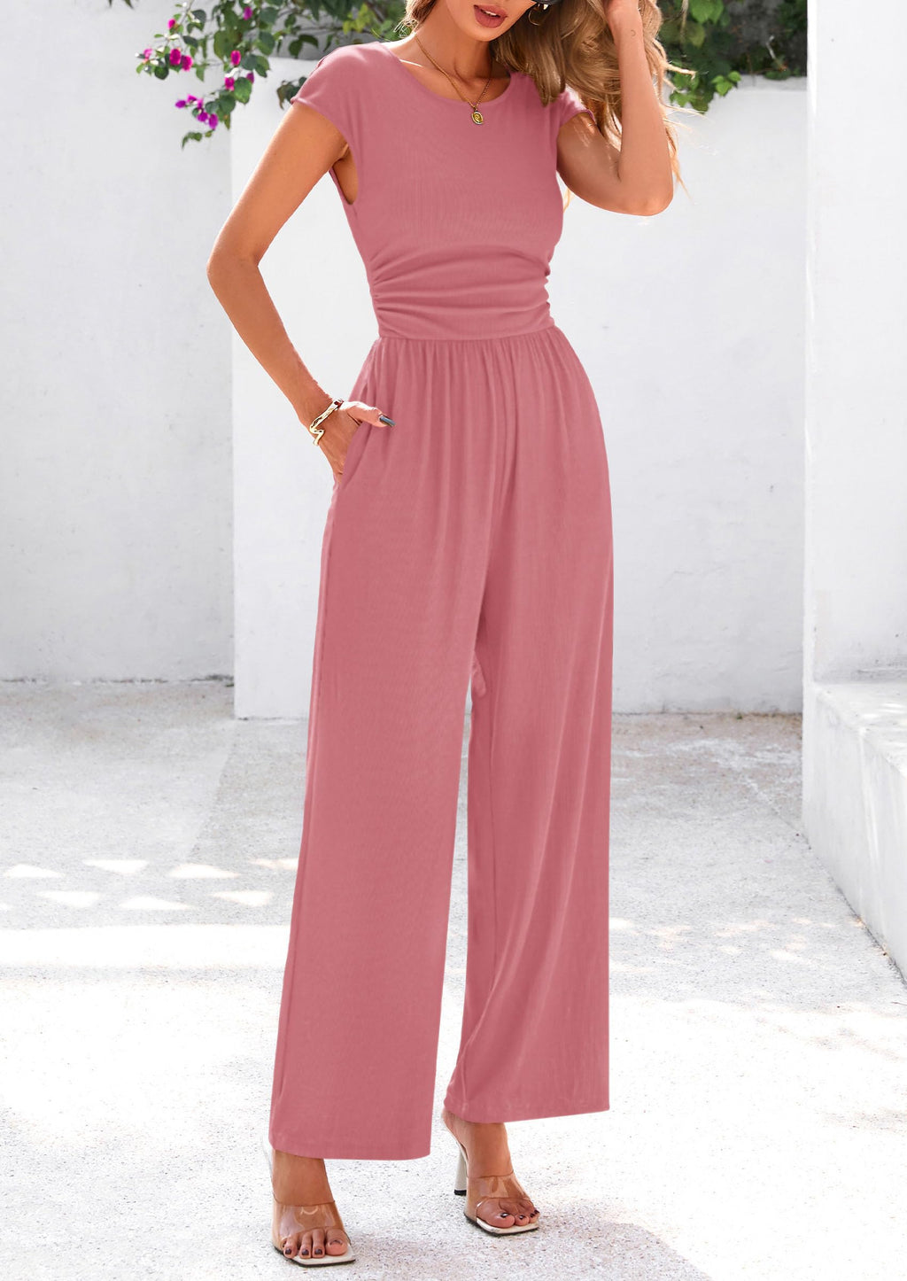 PRETTYGARDEN Summer Jumpsuits for Women Dressy Ribbed Cap Sleeve Wide Leg Pants Rompers Elegant Casual One Piece Outfits