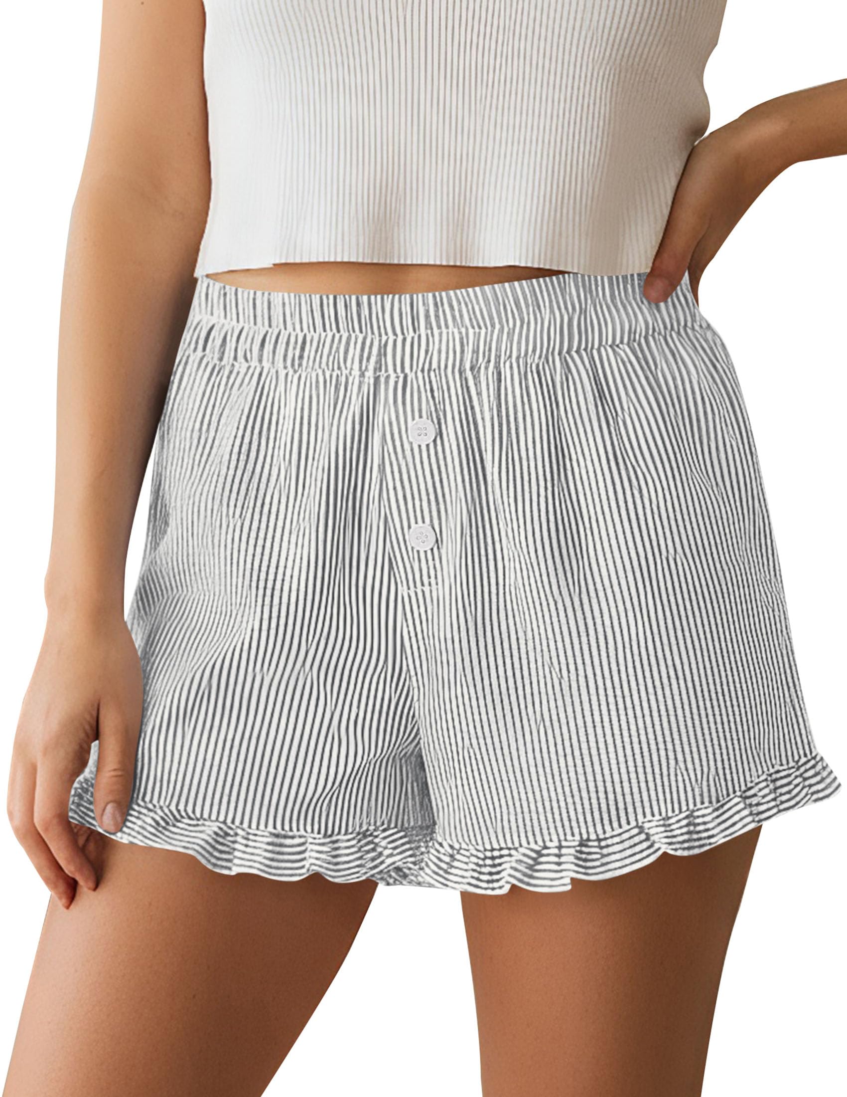 PRETTYGARDEN Womens Boxer Shorts Y2K Ruffle Pajama Summer Spring Lounge Sleep Striped Casual Beach Pj Bottoms Pockets