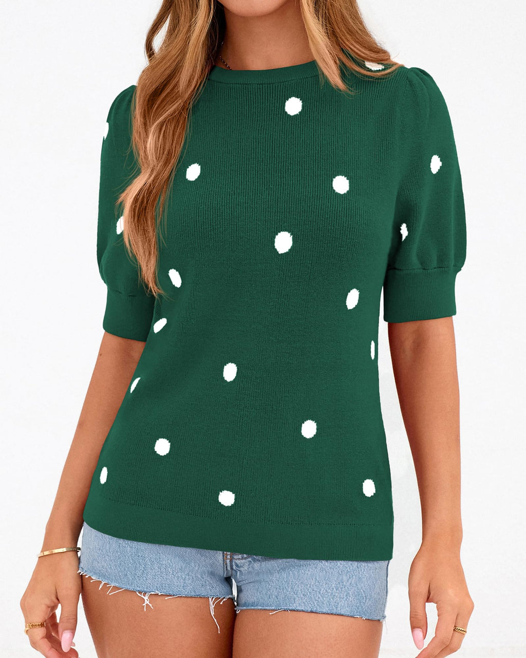 BTFBM Womens Sweaters Polka Dot Short Sleeve Sweater for Women Crew Neck Knit Summer Tops Business Dressy Casual Blouses