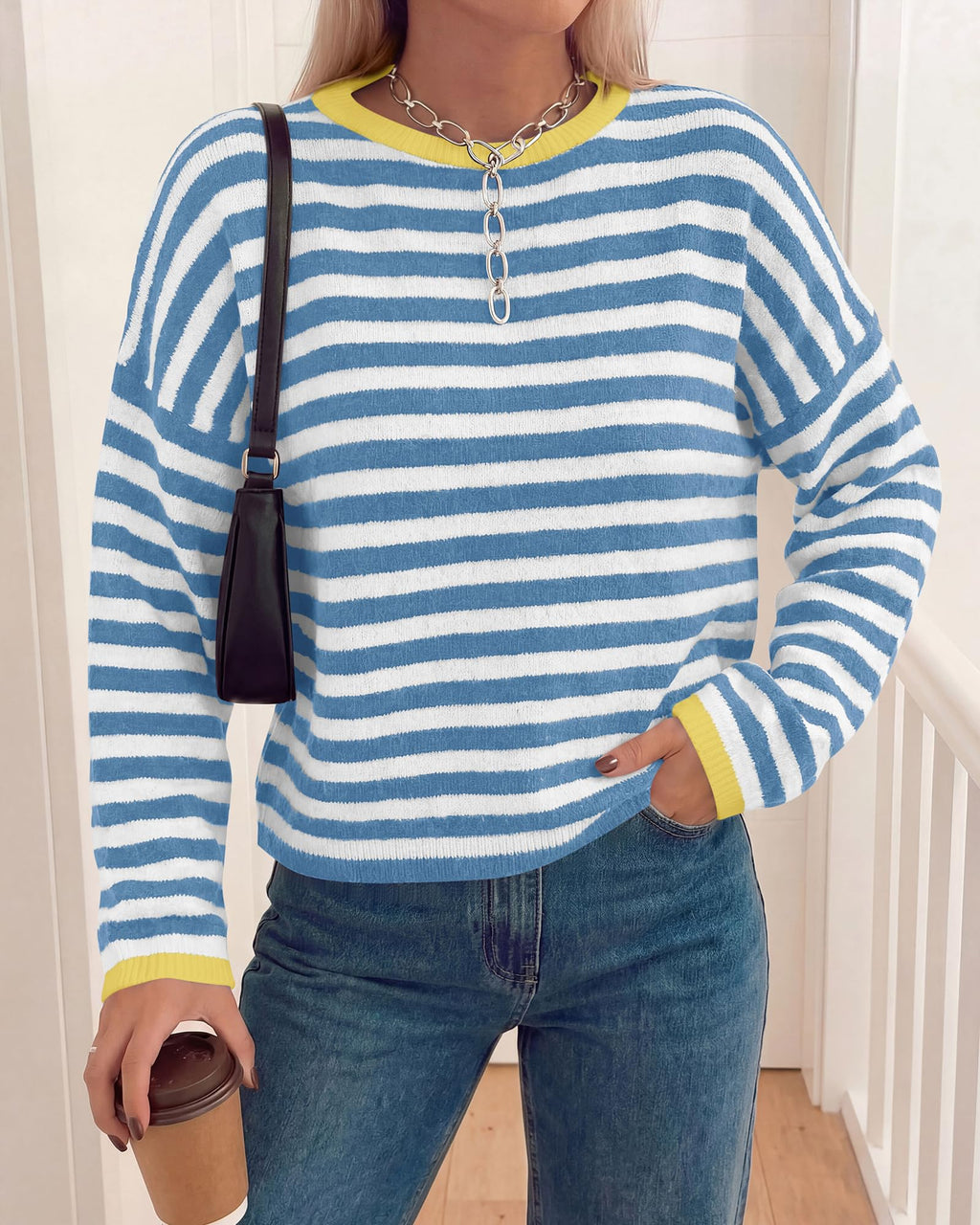BTFBM Women's Lightweight Oversized Striped Sweater | Soft Knit Cozy Sweaters, Crew Neck Long Sleeve Pullover, y2k Color Block, Casual Holiday Outfits, Winter Fall Clothes