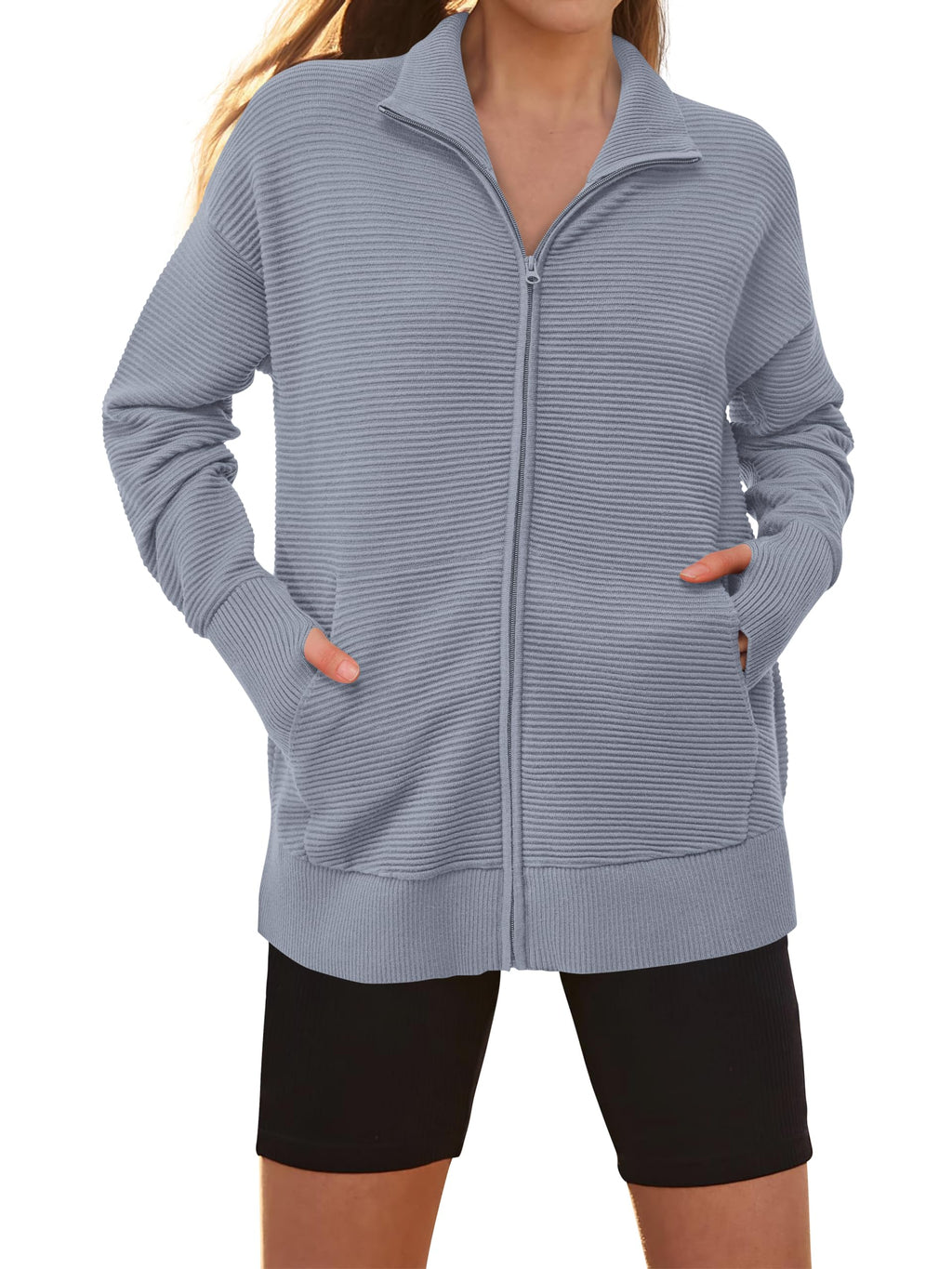 PRETTYGARDEN Womens Fall Long Sleeve Zip Up Cardigan Sweaters Casual Loose Collared Ribbed Knit Tops Jackets Thumb Hole