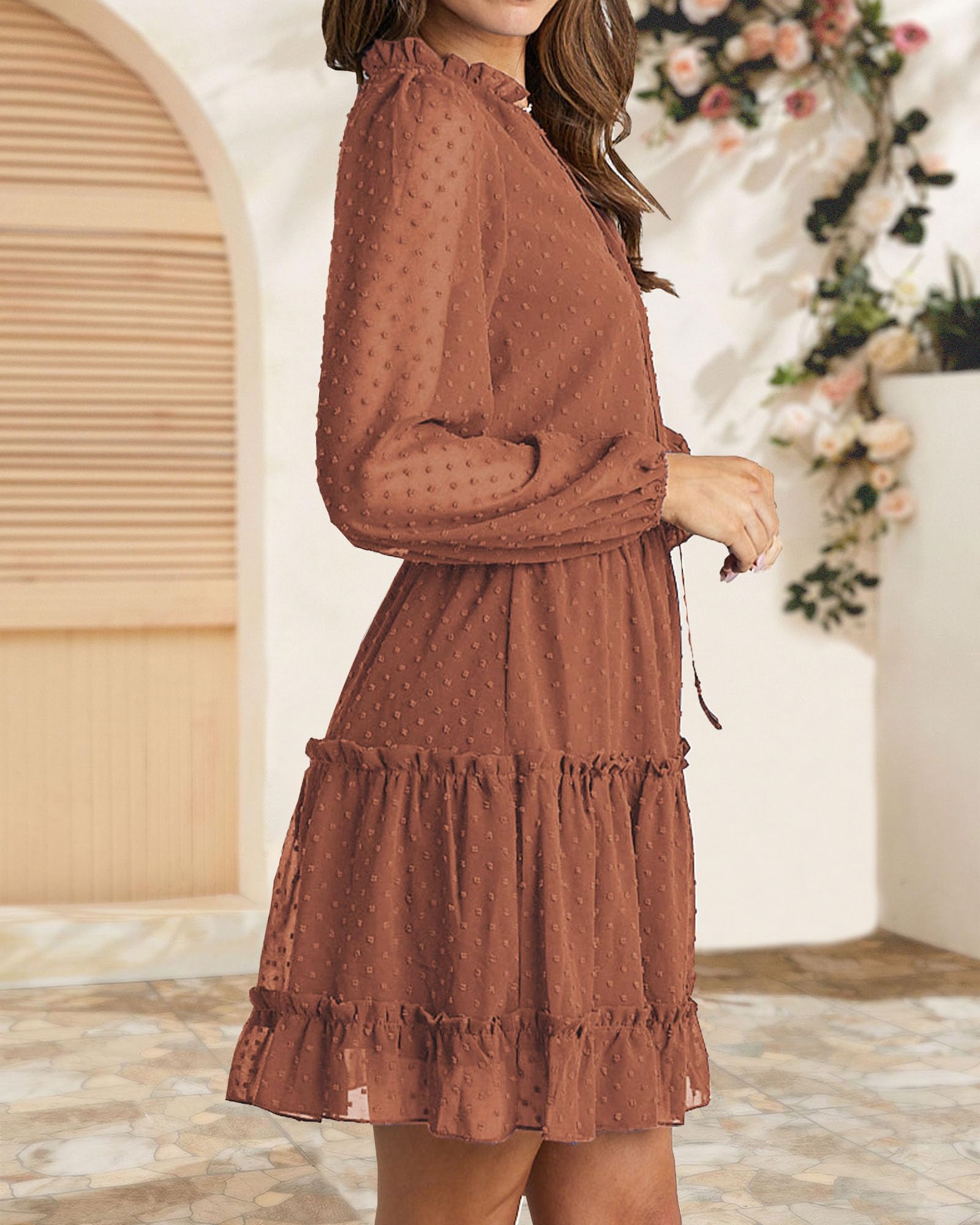 FreshPretty Long Sleeve Fall Dresses for Women Summer Casual Tie Neck Ruffle Tiered A Line Wedding Guest Short Mini Dress