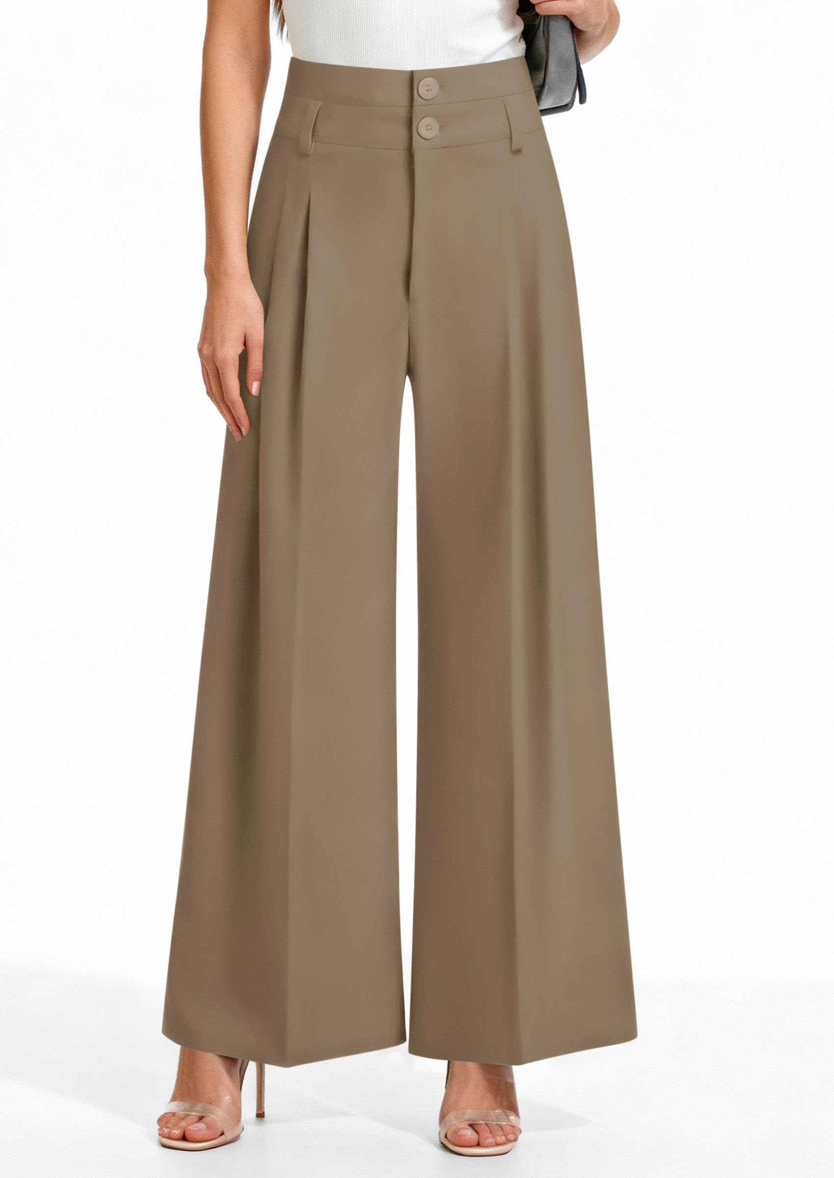 PRETTYGARDEN Womens Spring Wide Leg Palazzo Pants Trendy Loose Button High Waist Pleated Work Business Casual Trousers
