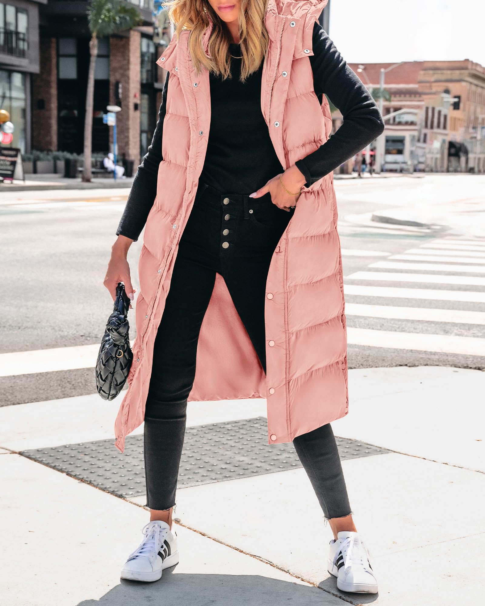 FreshPretty Long Puffer Vest Women Quilted Hooded Button Down Zip Up Sleeveless Vests Outerwear Padded Jacket Fall Winter Coat