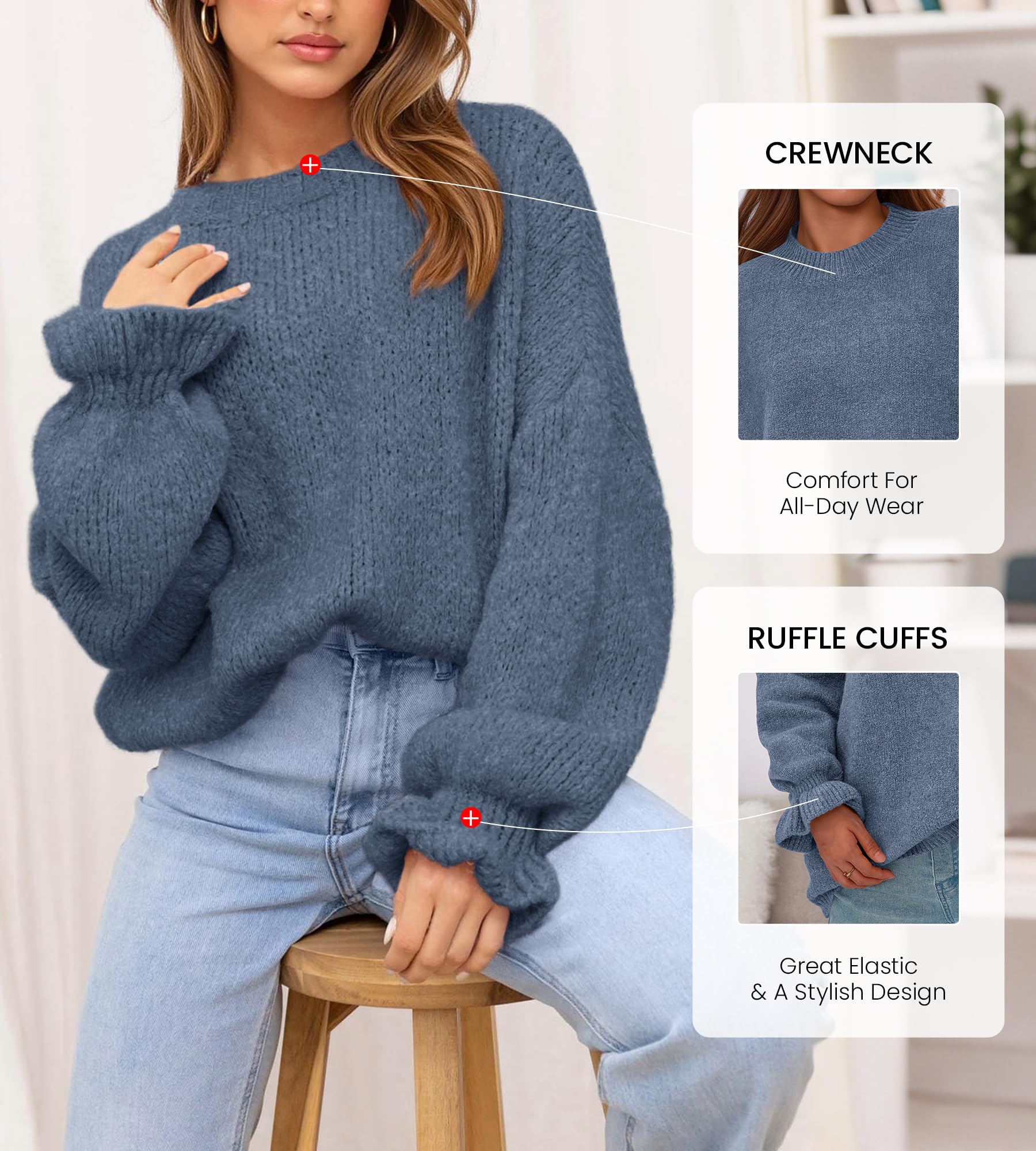 BTFBM Women's Oversized Sweater Crewneck Fall Winter Long Sleeve Fuzzy Warn Knit Pullover Sweaters Trendy Outfits