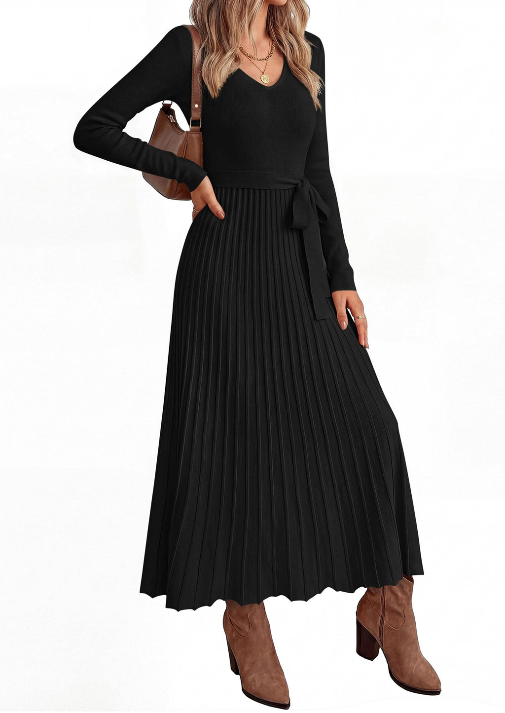 PRETTYGARDEN Womens Fall Maxi Long Sleeve Sweater Dress Soft Stretchy Knit, V Neck A Line Dresses with Bow, Flowy Pleated Hem, Cocktail Party Outfits, Trendy Winter Clothes