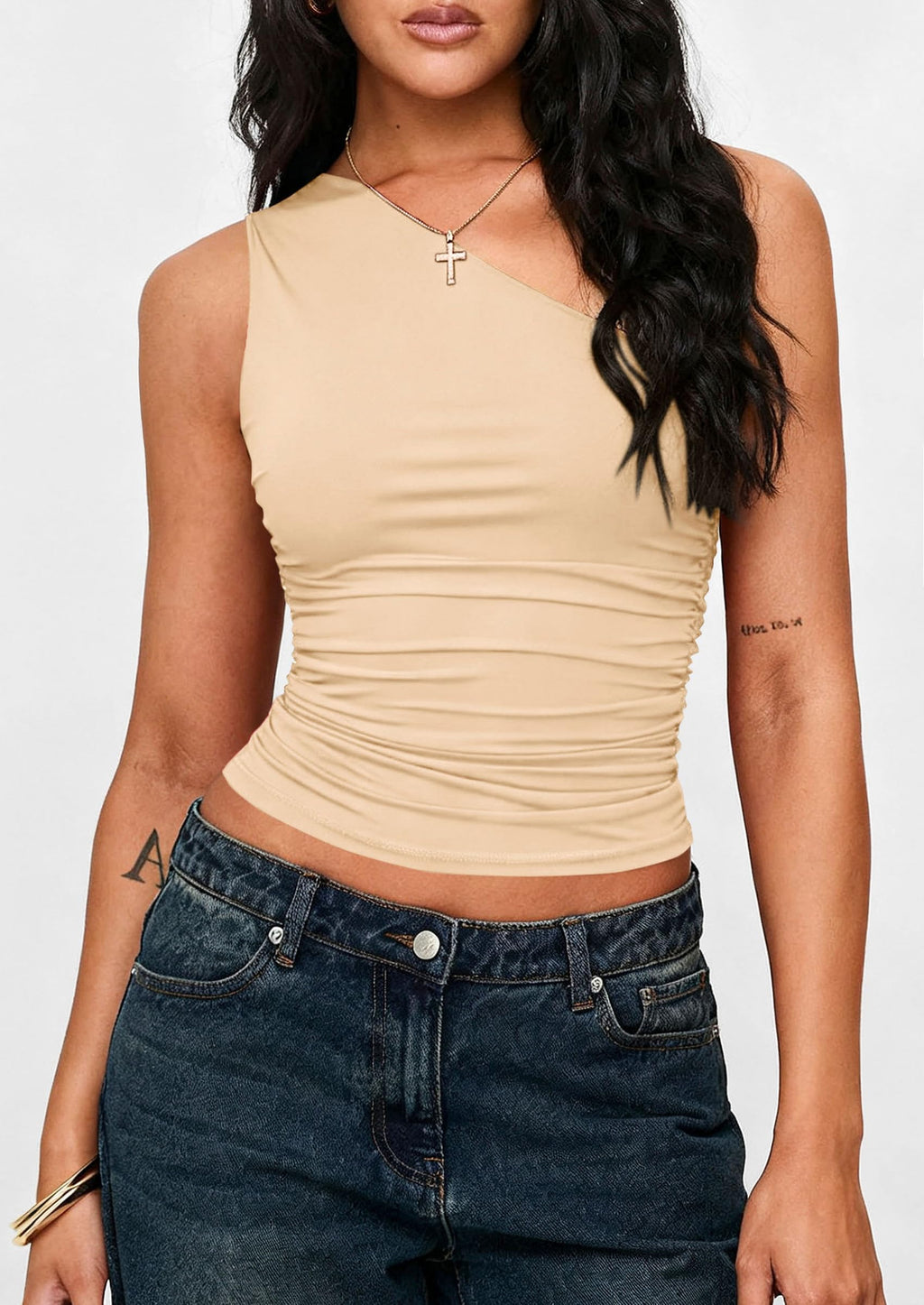 PRETTYGARDEN Womens Sleeveless One Shoulder Tank Top Ruched Slim Fit Shirts Basic Crop Y2k Tops  Spring Fashion Clothing