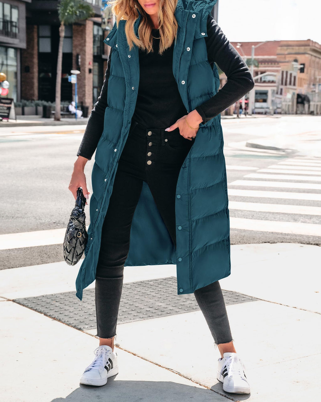 FreshPretty Long Puffer Vest Women Quilted Hooded Button Down Zip Up Sleeveless Vests Outerwear Padded Jacket Fall Winter Coat