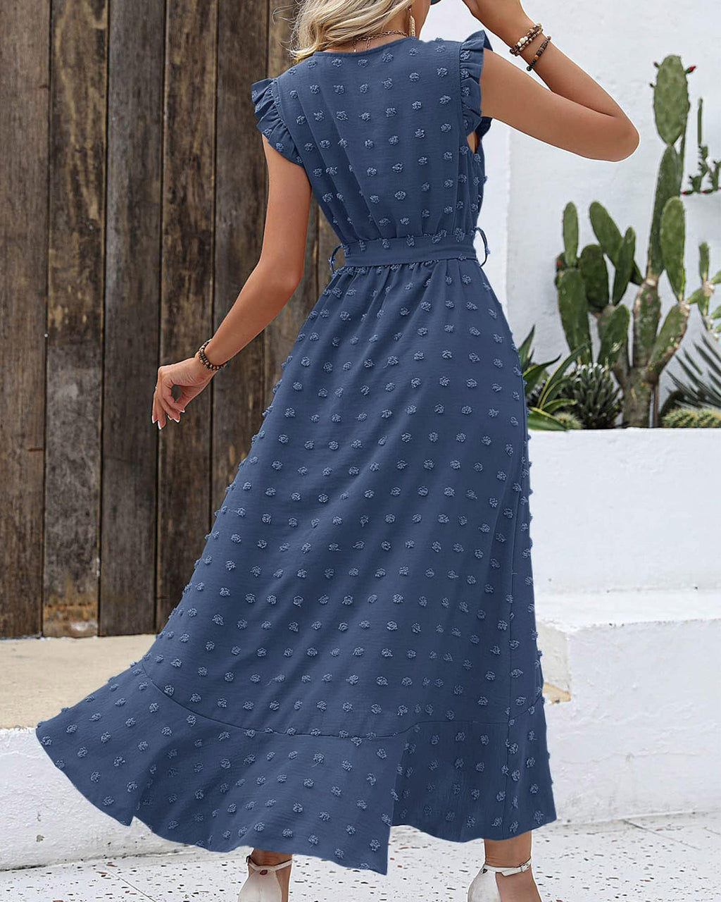 FreshPretty Women V Neck Summer Dress Cap Sleeve Swiss Dot Boho Flowy Ruffle Slit Beach Party Long Maxi Cocktail Dresses