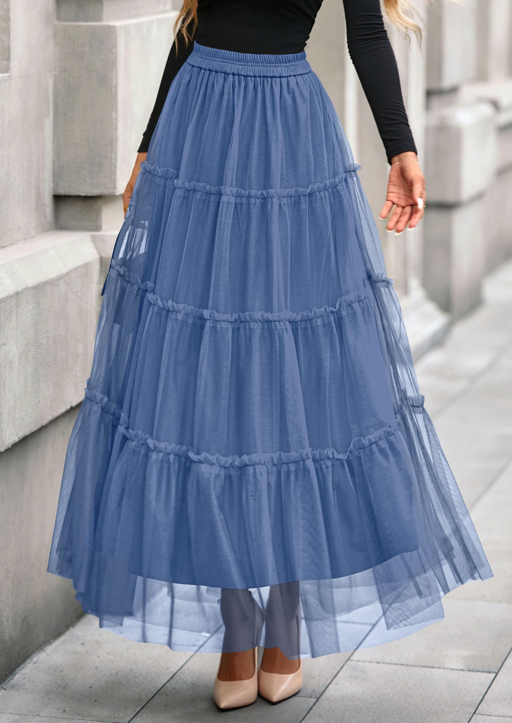 PRETTYGARDEN Tulle Skirts for Women Fall Fashion Elastic High Waisted Fairy Tiered Flowy A-Line Casual Maxi Long Skirt