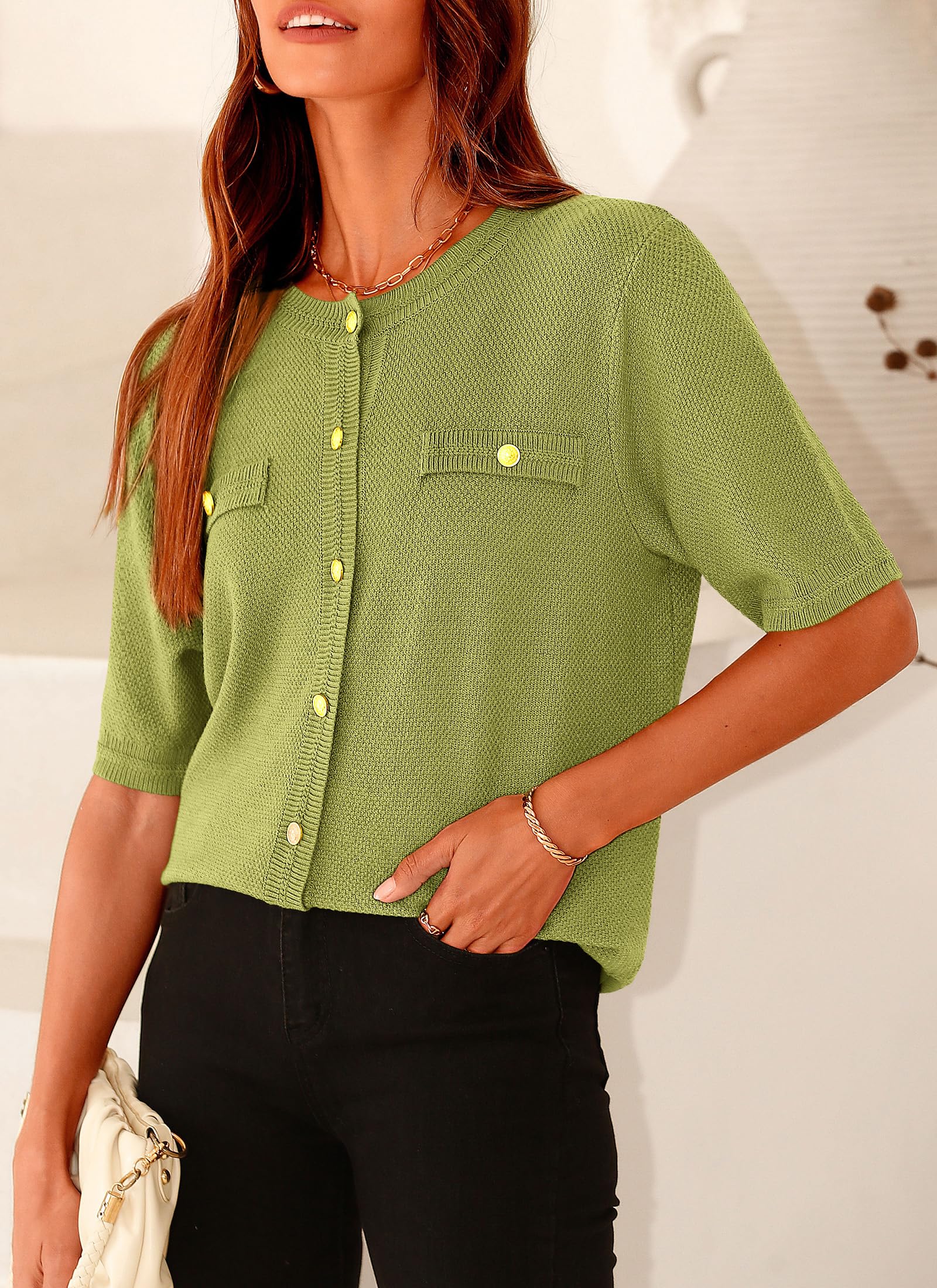 PRETTYGARDEN Women's Summer Button Down Shirts Casual Short Sleeve Crew Neck Ribbed Knit Blouse Top Cardigans