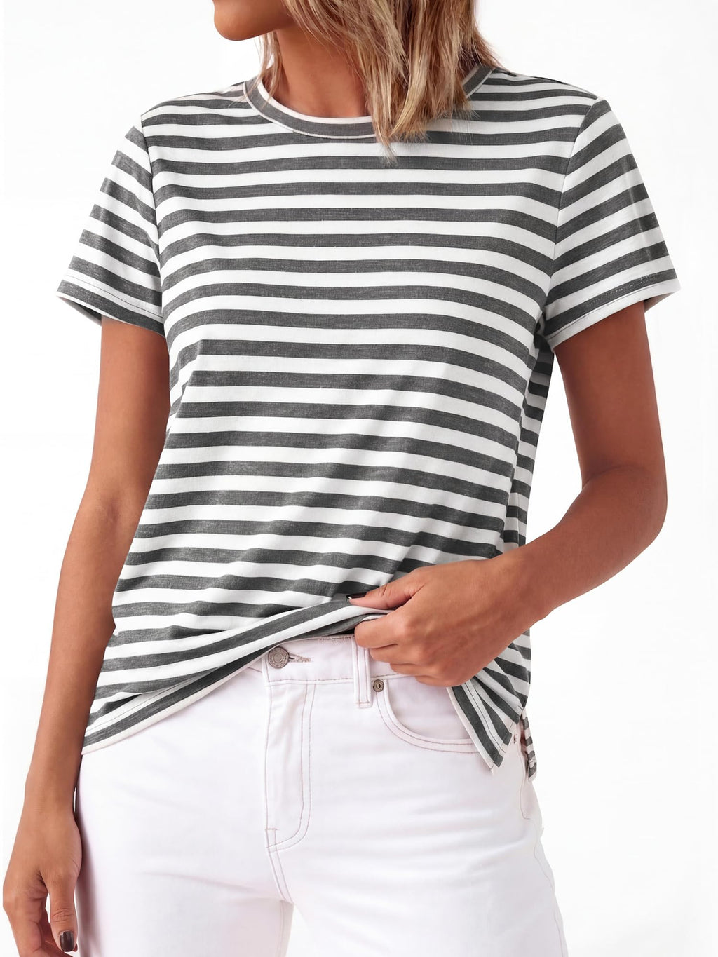 BTFBM Tops for Women Trendy Summer Crew Neck Short Sleeve T Shirts Striped Casual Vacation Blouse Basic Tee