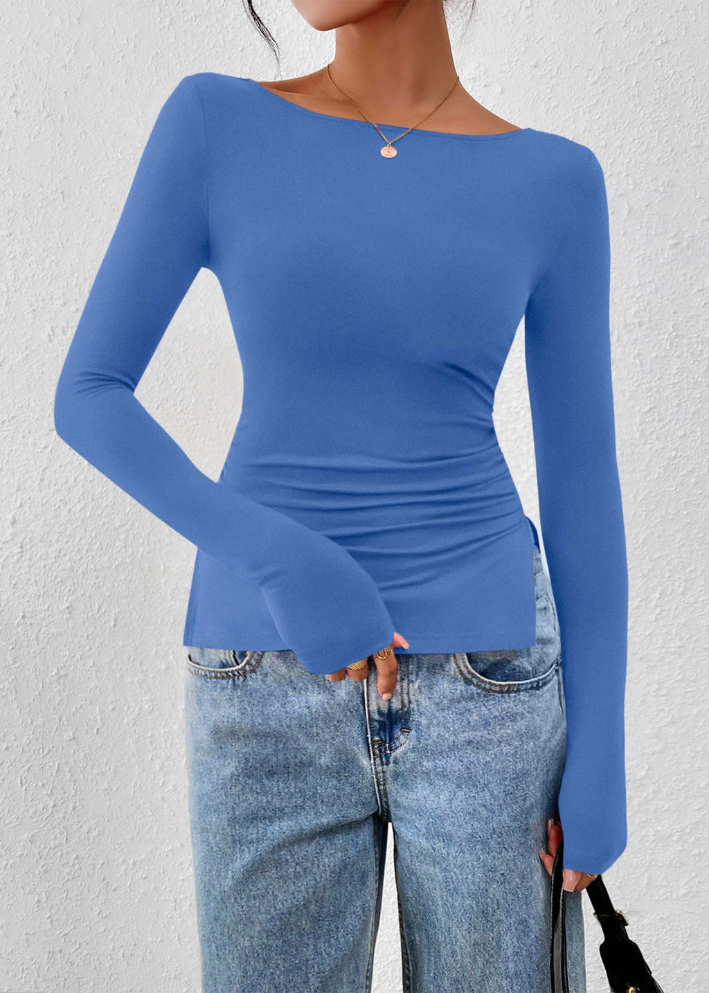 FreshPretty Long Sleeve Shirts for Women Fall Casual Boat Neck Knit Workout Going Out Tops Fitted Side Slit Basic Tees