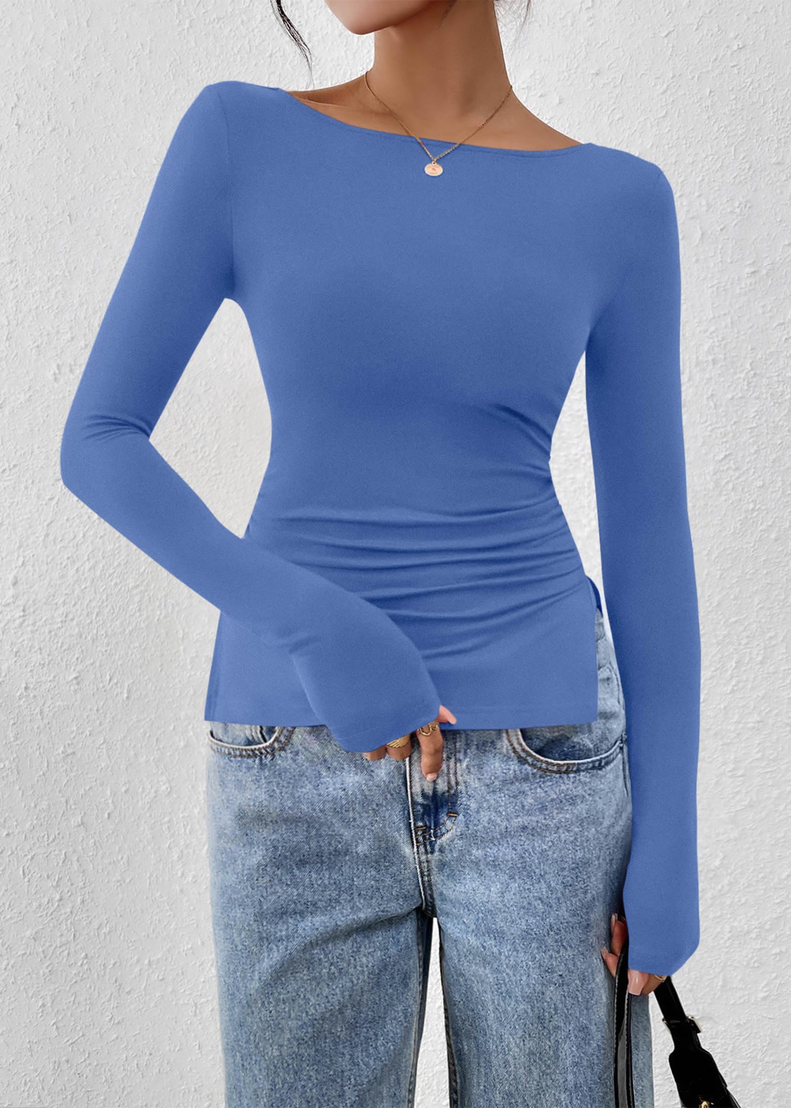 FreshPretty Long Sleeve Shirts for Women Fall Casual Boat Neck Knit Workout Going Out Tops Fitted Side Slit Basic Tees