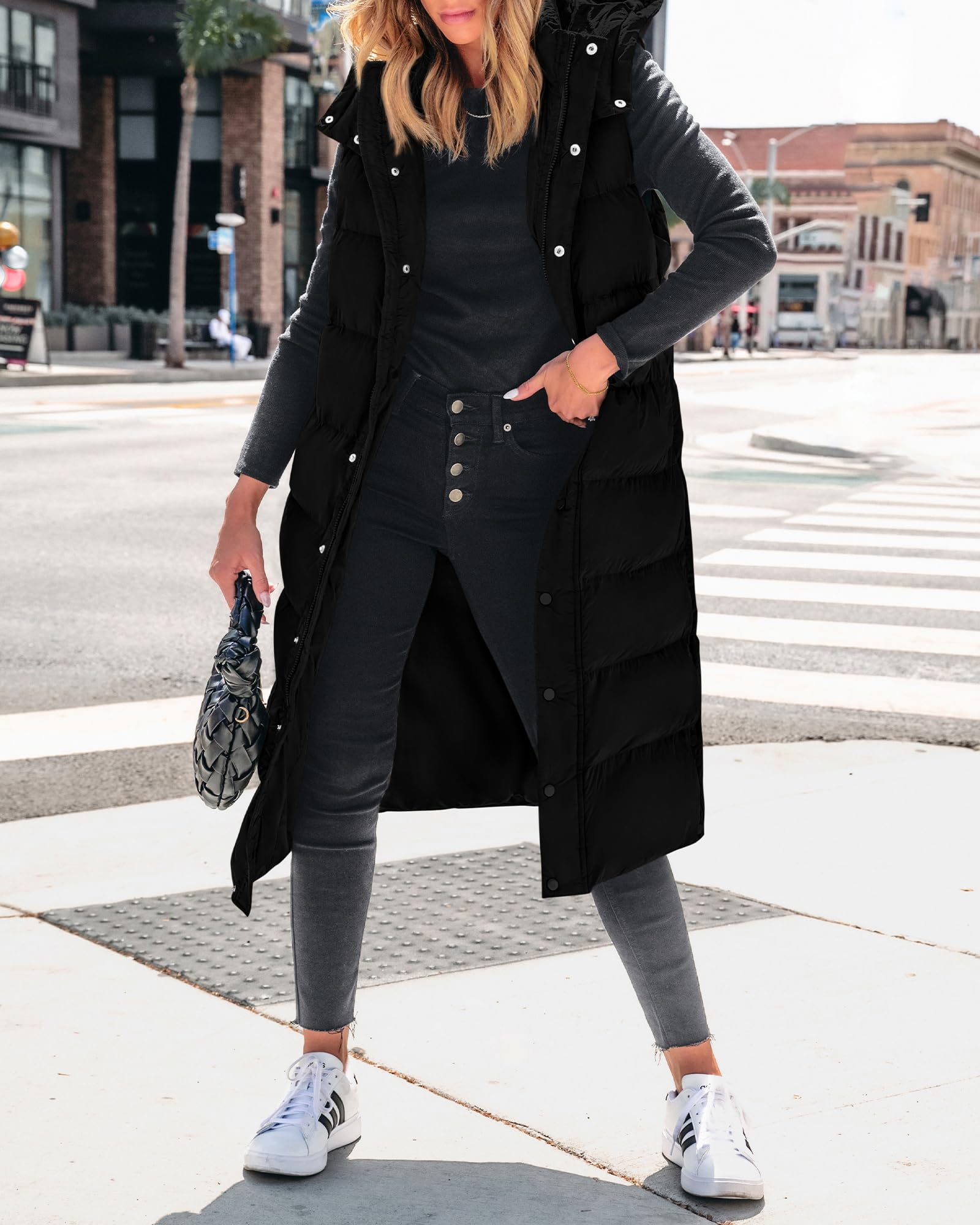 FreshPretty Long Puffer Vest Women Quilted Hooded Button Down Zip Up Sleeveless Vests Outerwear Padded Jacket Fall Winter Coat