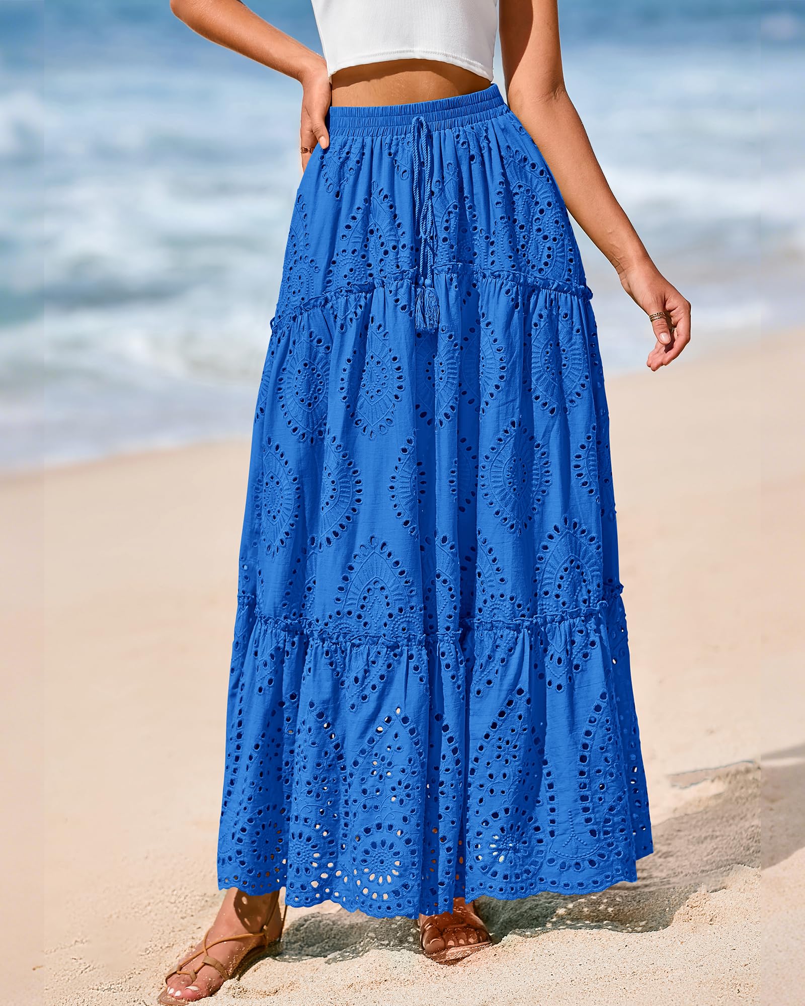 BTFBM Long Skirts for Women Summer Boho Lace Embroidery High Waist Flowy Tiered Spring Maxi Skirt Beach Vacation