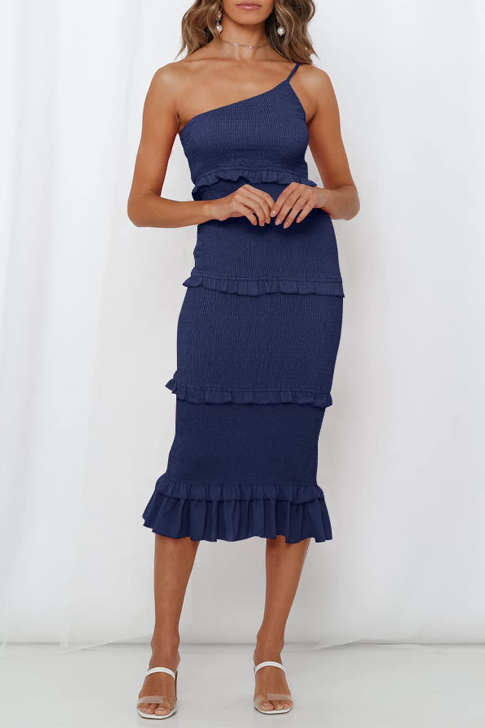 PRETTYGARDEN Women's Summer Midi Bodycon Dresses One Shoulder Strappy Tiered Ruffle Floral Boho Sun Dress