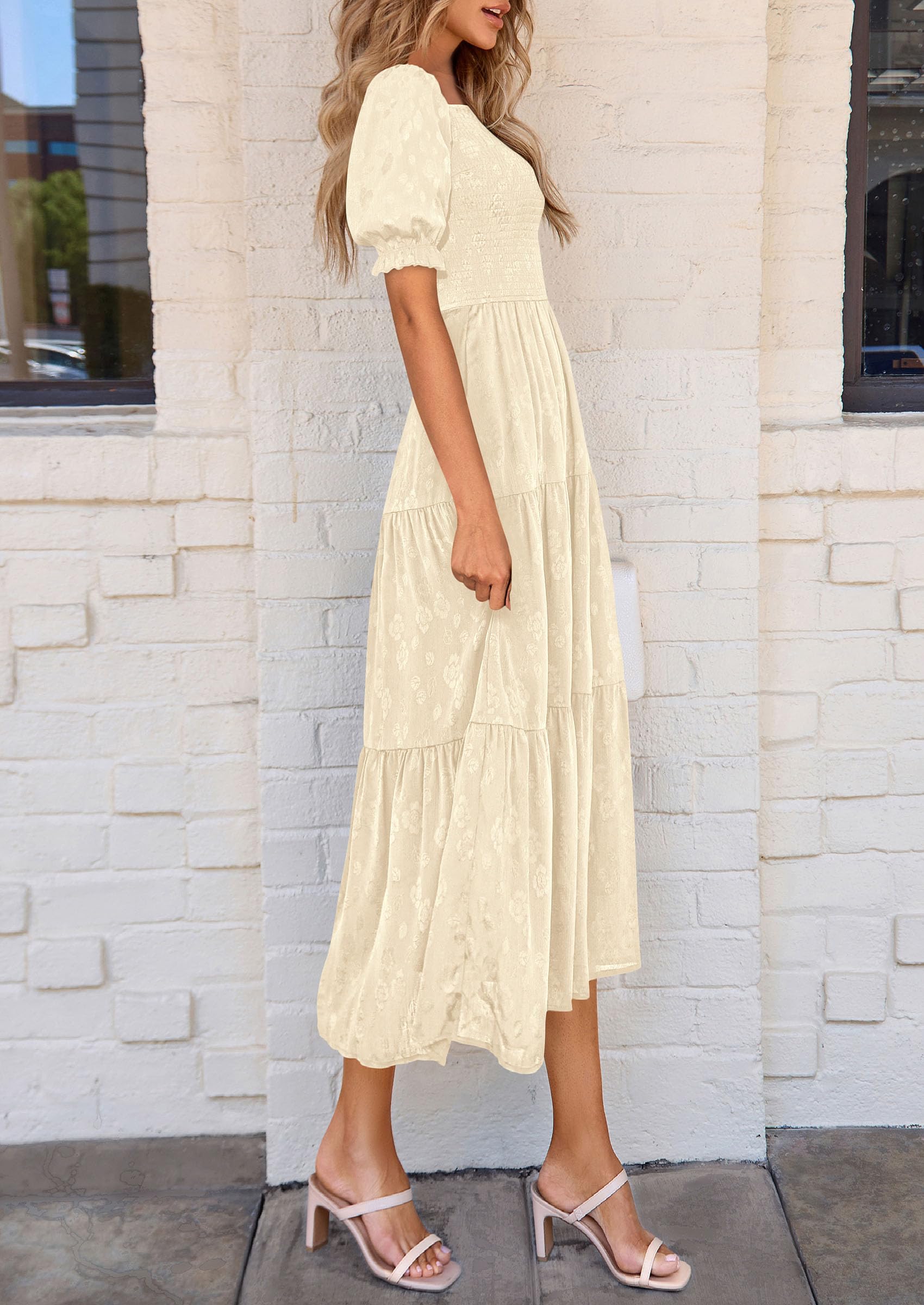 PRETTYGARDEN Women's Summer Casual Midi Dresses Square Neck Short Sleeve Smocked A Line Floral Flowy Elegant Boho Dress