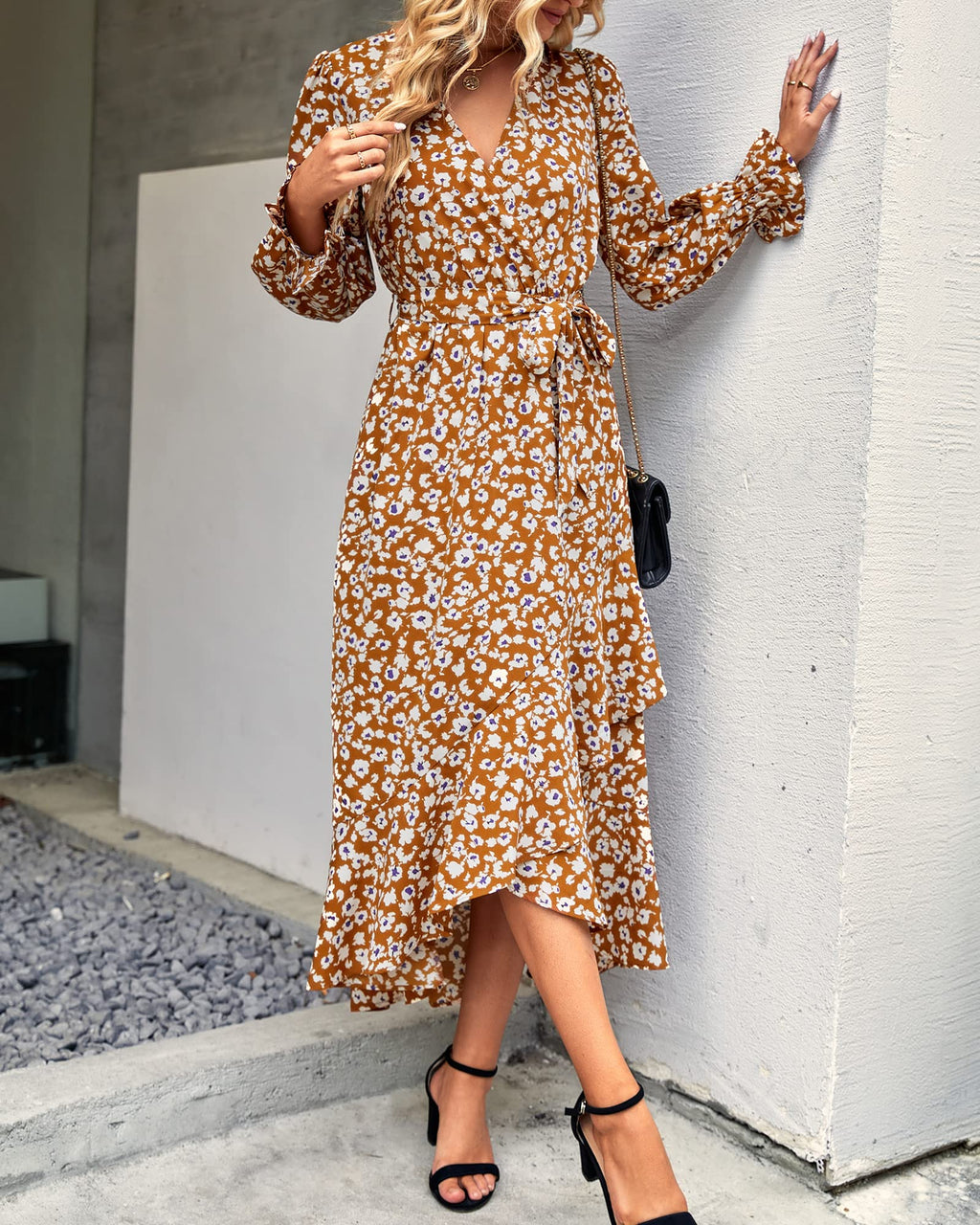 BTFBM Womens Dresses Summer V Neck Floral High Waist Ruffle Wedding Guest Cocktail Boho Spring Long Sleeve Dress