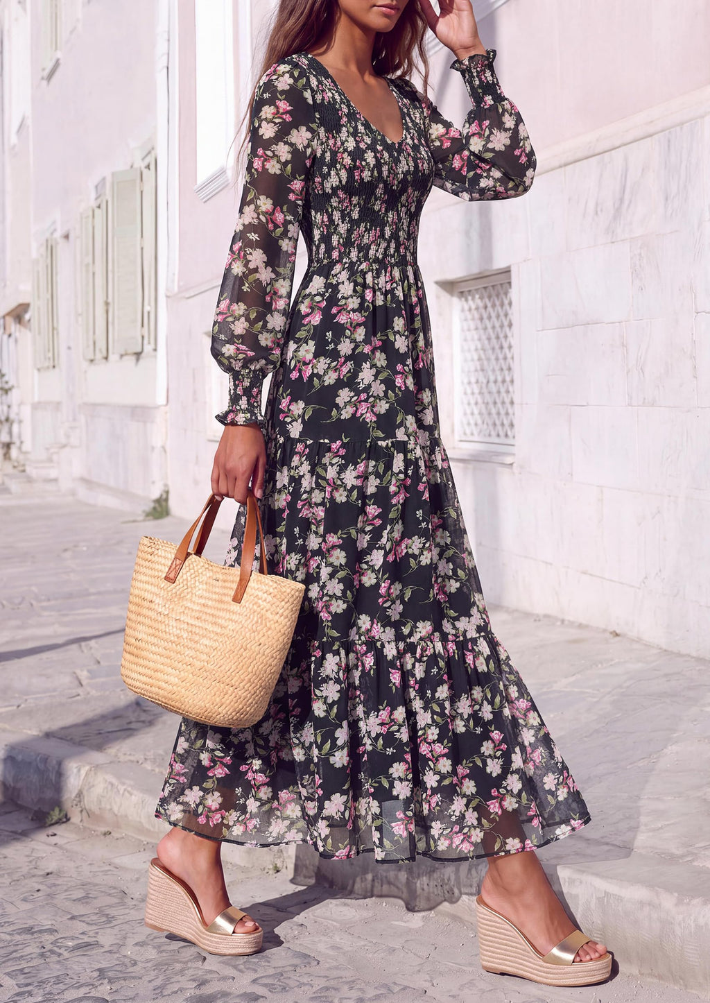FreshPretty Womens Flroal Long Sleeve Dress Boho A Line Fall Maxi Dresses,Sheer Lantern Sleeve, Lined & Pockets, Smocked Front Back, High Waisted Flowy Long Dress, Tiered Fall Wedding Guest Dresses