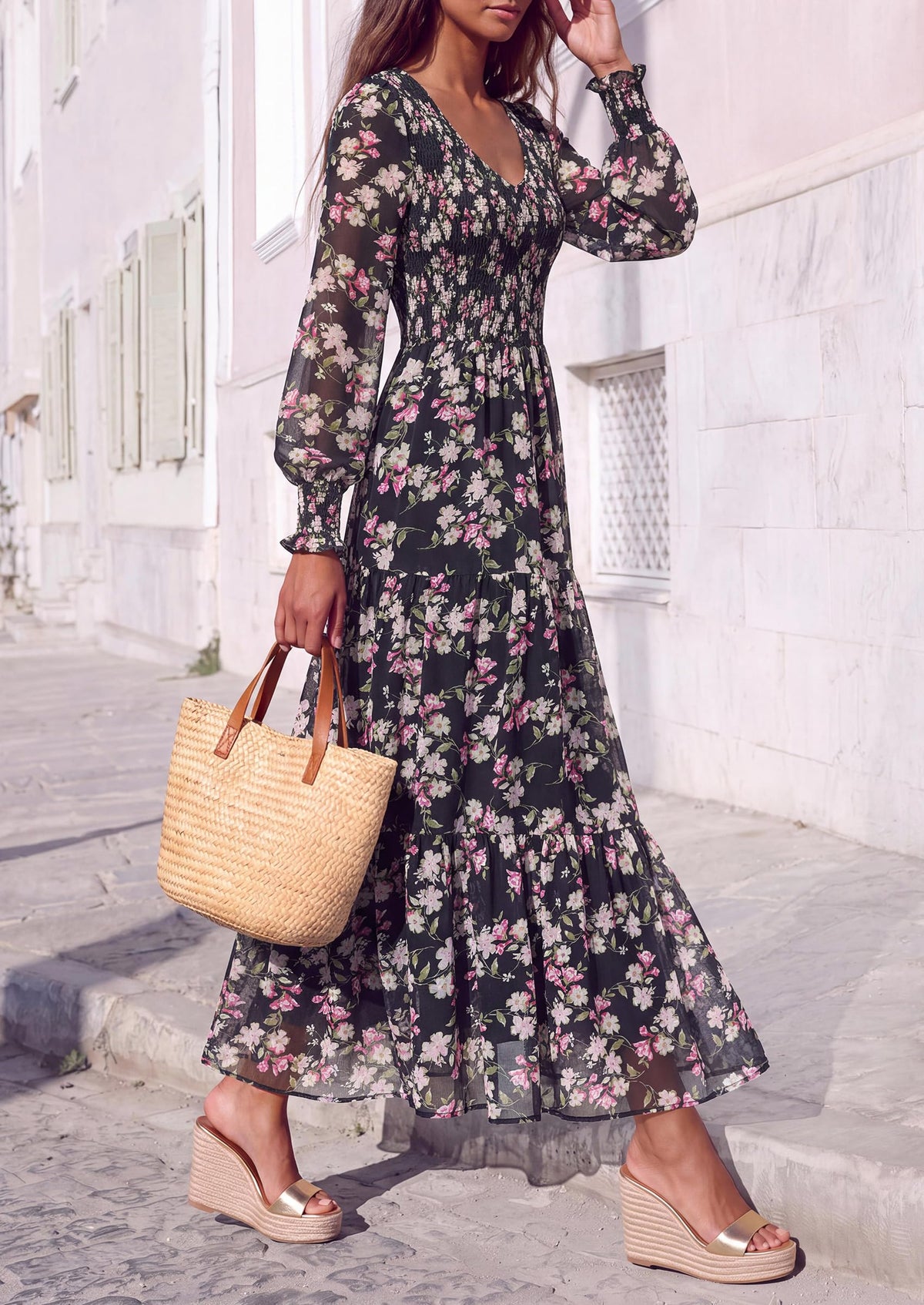 FreshPretty Womens Flroal Long Sleeve Dress Boho A Line Fall Maxi Dresses,Sheer Lantern Sleeve, Lined & Pockets, Smocked Front Back, High Waisted Flowy Long Dress, Tiered Fall Wedding Guest Dresses