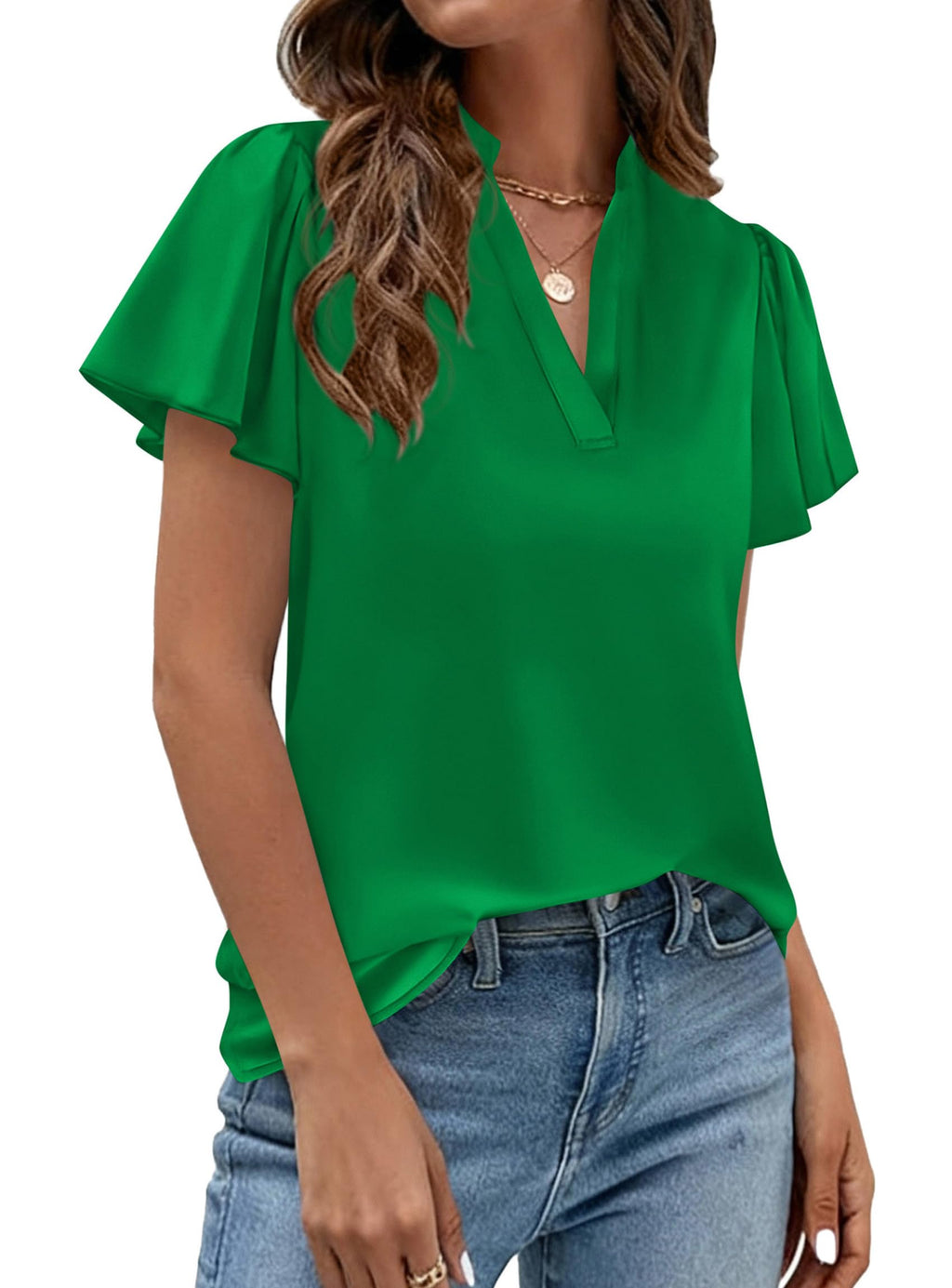 PRETTYGARDEN Women's Summer Satin Blouses Dressy Casual Ruffle Cap Sleeve V Neck Business Work Cute Tops Spring Outfits