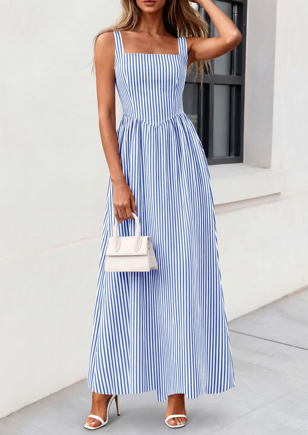 PRETTYGARDEN Women's Maxi Striped Dress Summer Sleeveless Square Neck Smocked A Line Long Flowy Spring Vacation Sundress