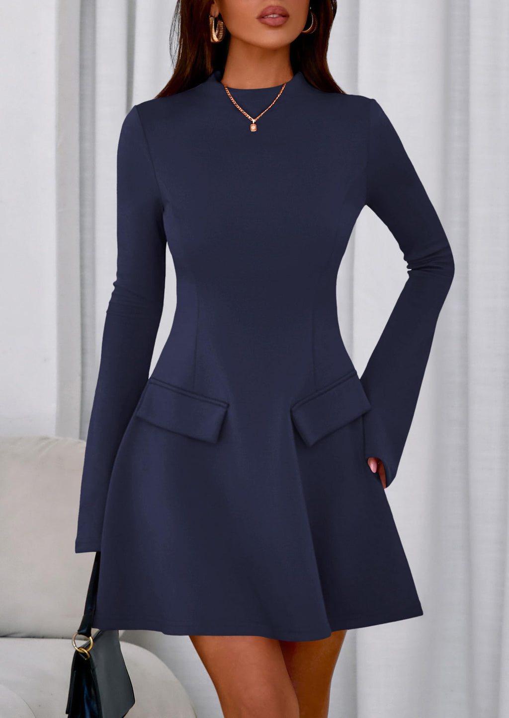 PRETTYGARDEN Women's Elegant Holiday Short Dress  Fall Bell Long Sleeve Mock Neck Work Business Casual Party Mini Dress