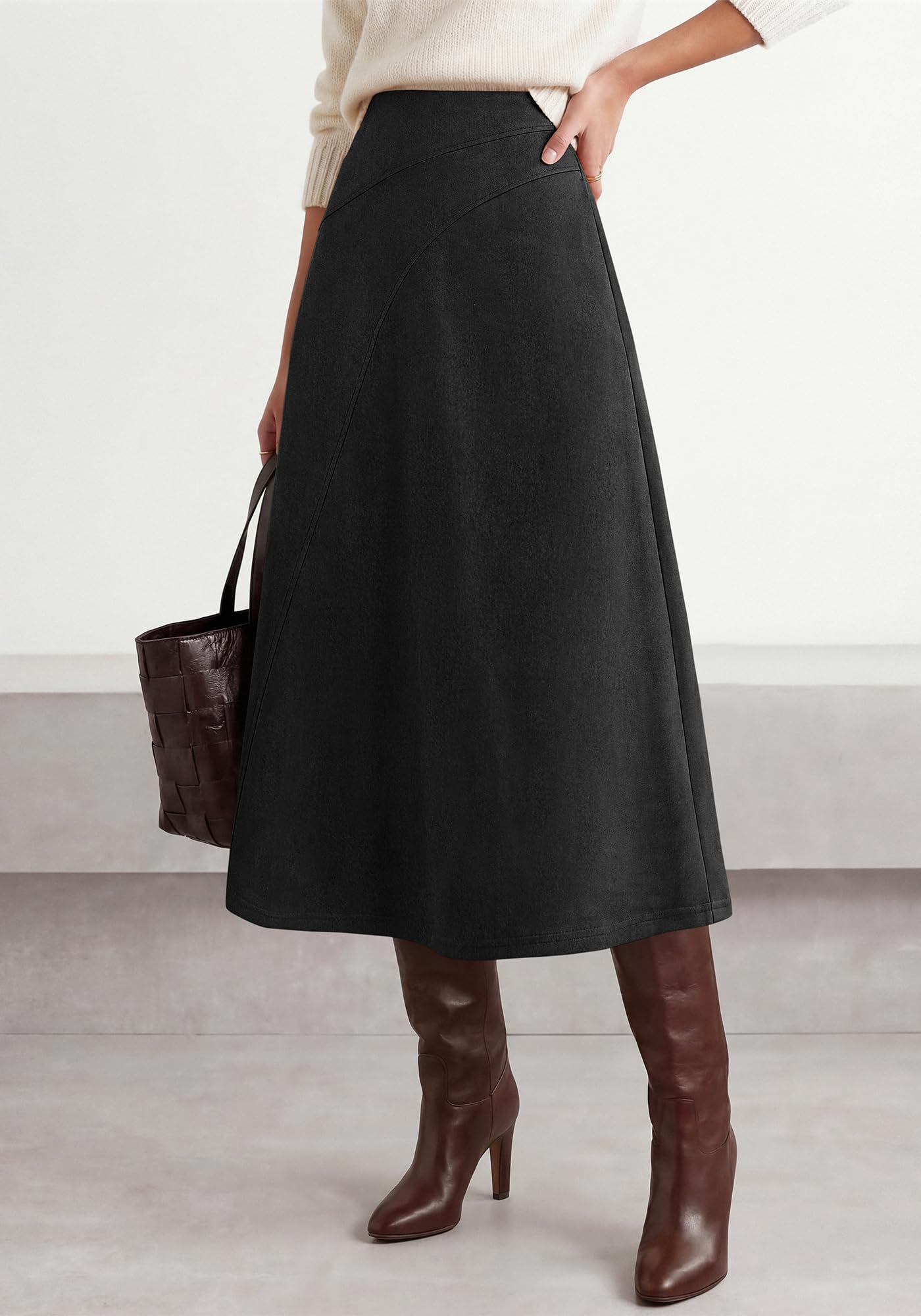 BTFBM Women Faux Suede Midi Long Skirt Fall Fashion | High Waisted Skirts For Women Trendy, Lightweight, Back Elastic, Arc Line Design, A-Line, Winter Dress, Boho Western Outfits