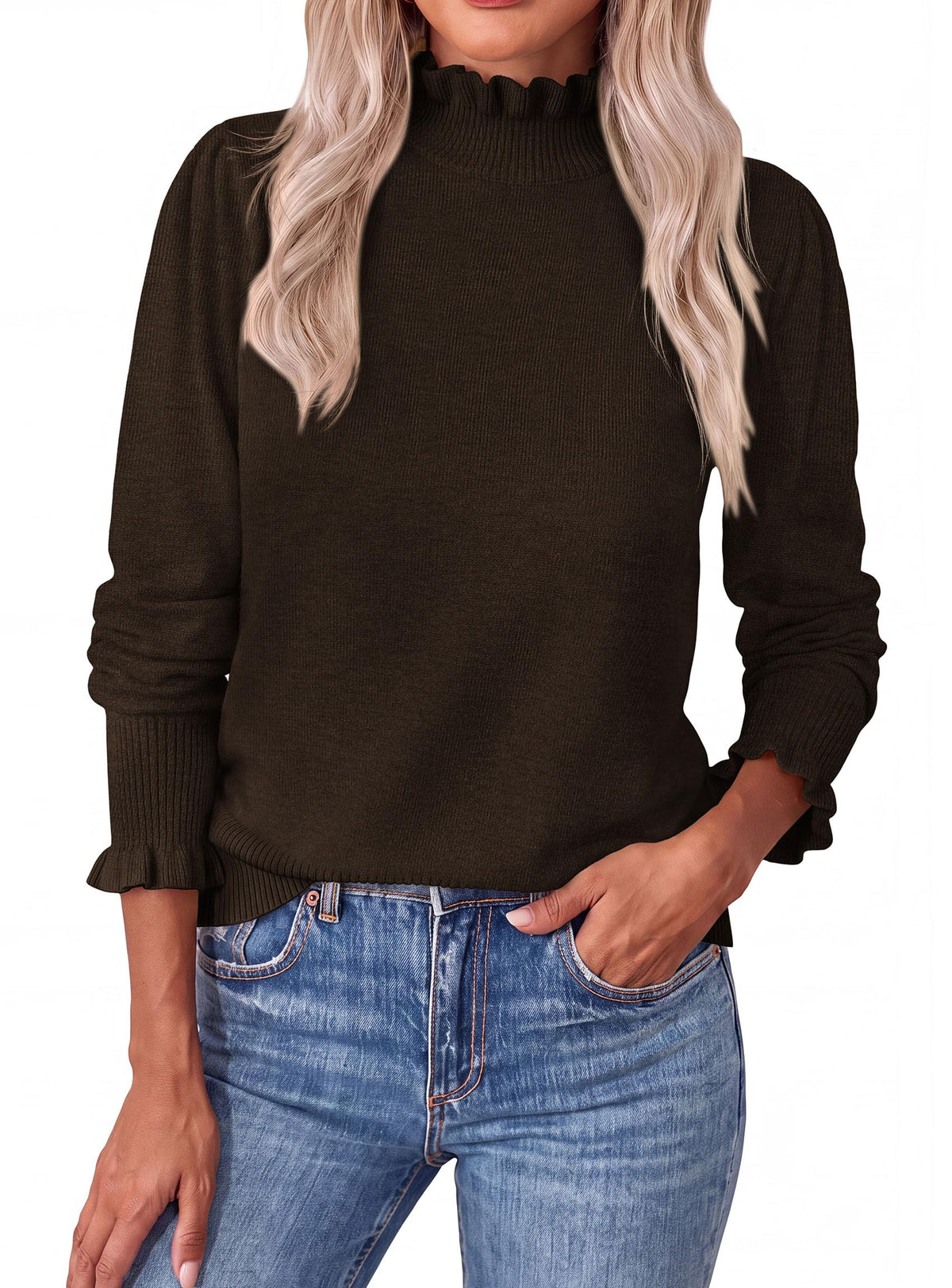 PRETTYGARDEN Women's Fall Cozy Sweaters Trendy Ruffle Mock Neck Pullover Soft Stretchy Warm, Ribbed Knit, Cute Tops, Puff Long Sleeve Blouses, Dressy Casual Shirts,Winter Clothing
