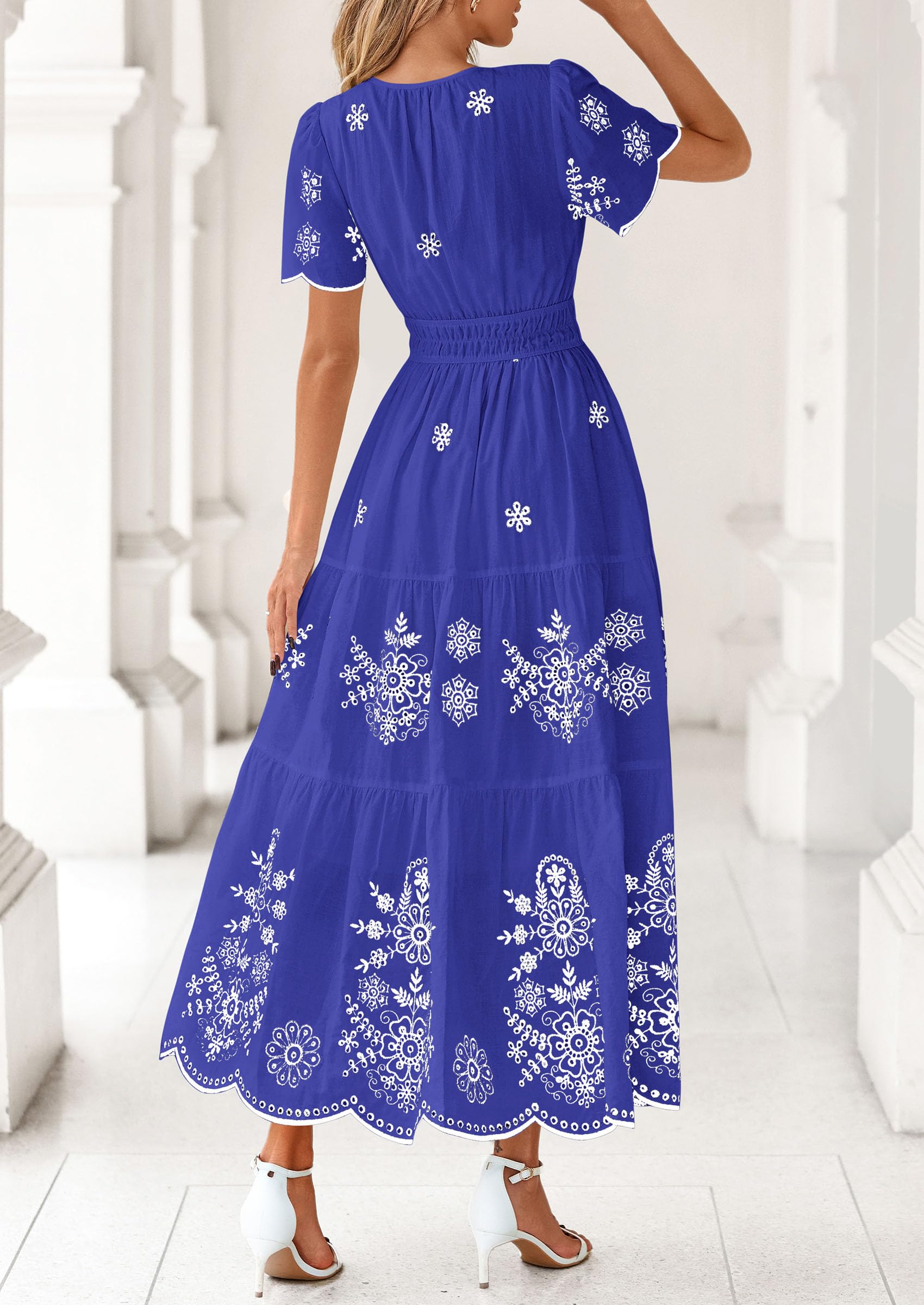 PRETTYGARDEN Boho Dresses for Women Summer Spring Casual Floral Short Sleeve V Neck Maxi Elastic Waist Dress Pockets