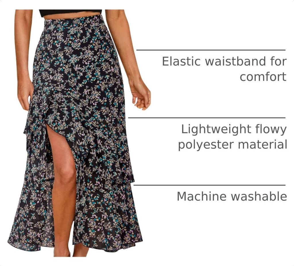 BTFBM Women Spring Summer Long Skirts Dress Boho Floral Elastic Waist Split Ruffle High Low Beach Maxi Skirt Clothes